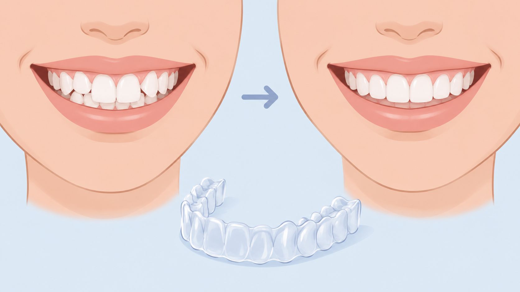 A conceptual illustration showing teeth straightening progress with clear aligners before and after the treatment process.