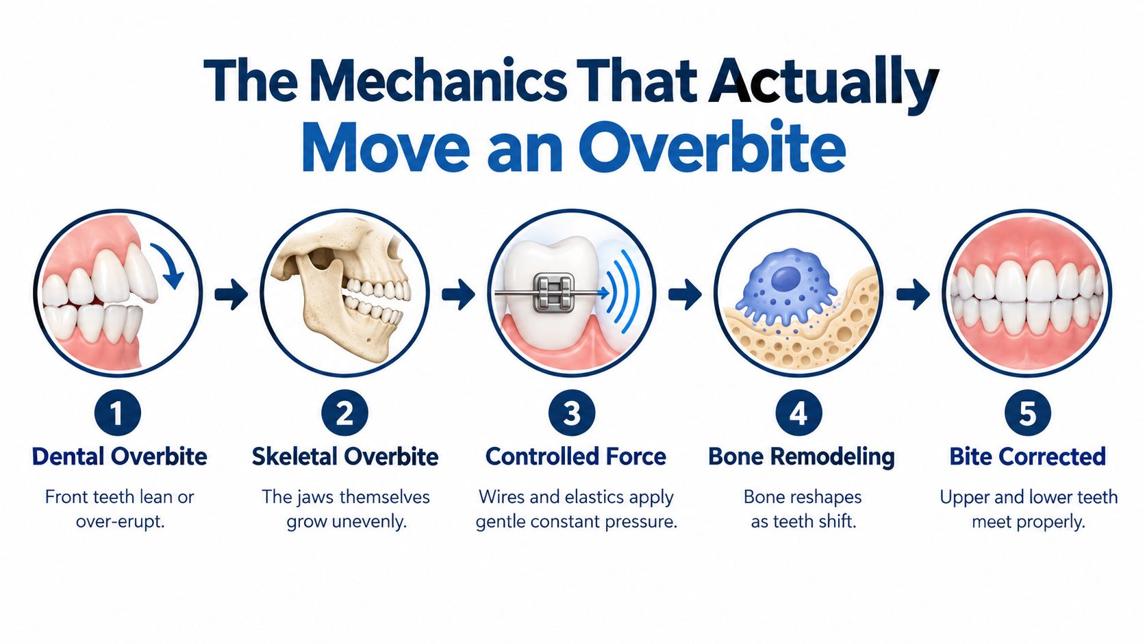 A five-step diagram showing the biological and mechanical process of correcting an overbite using dental braces.