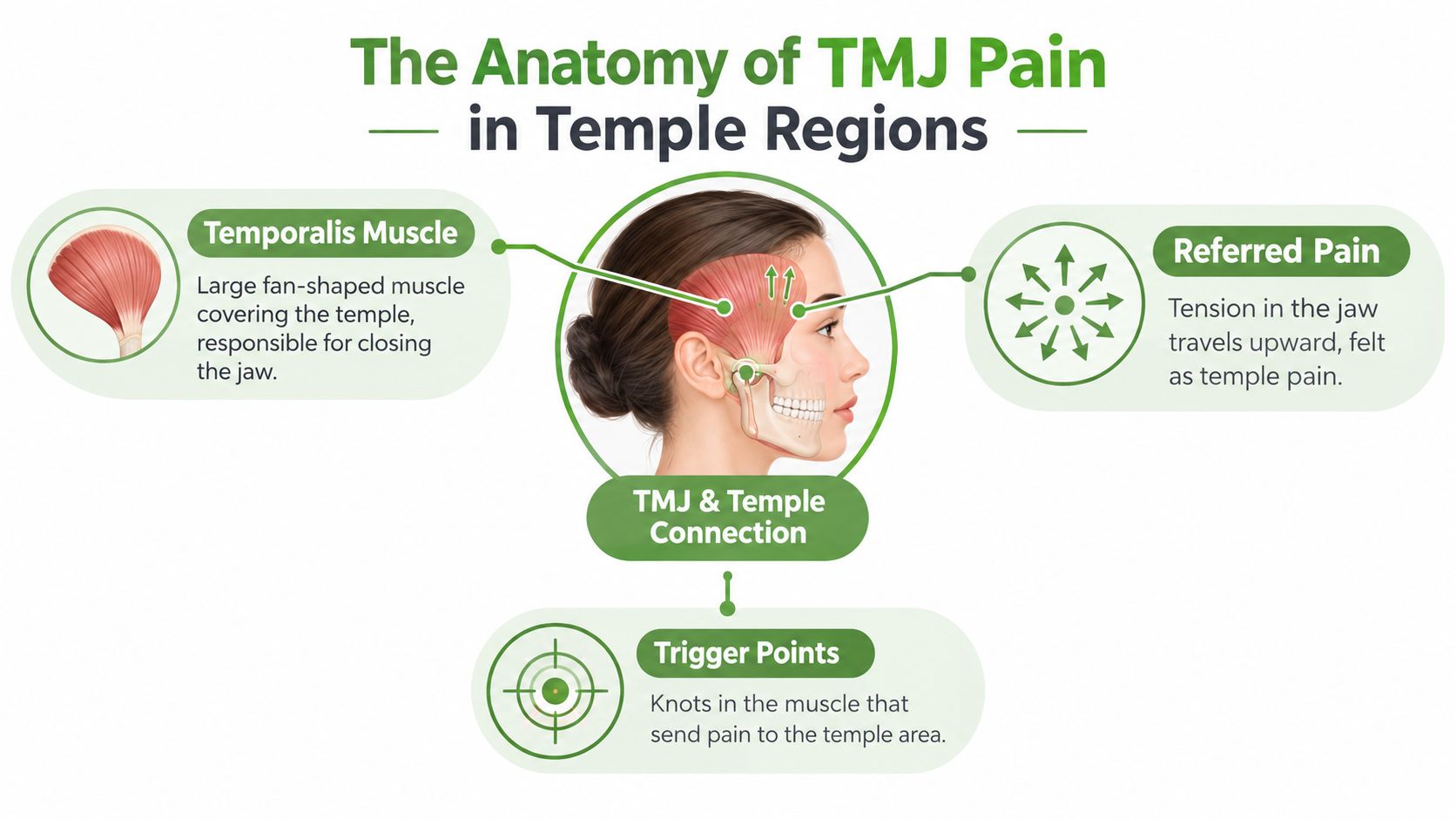 An educational illustration showing the anatomy of the temporalis muscle and how TMJ tension causes temple pain.
