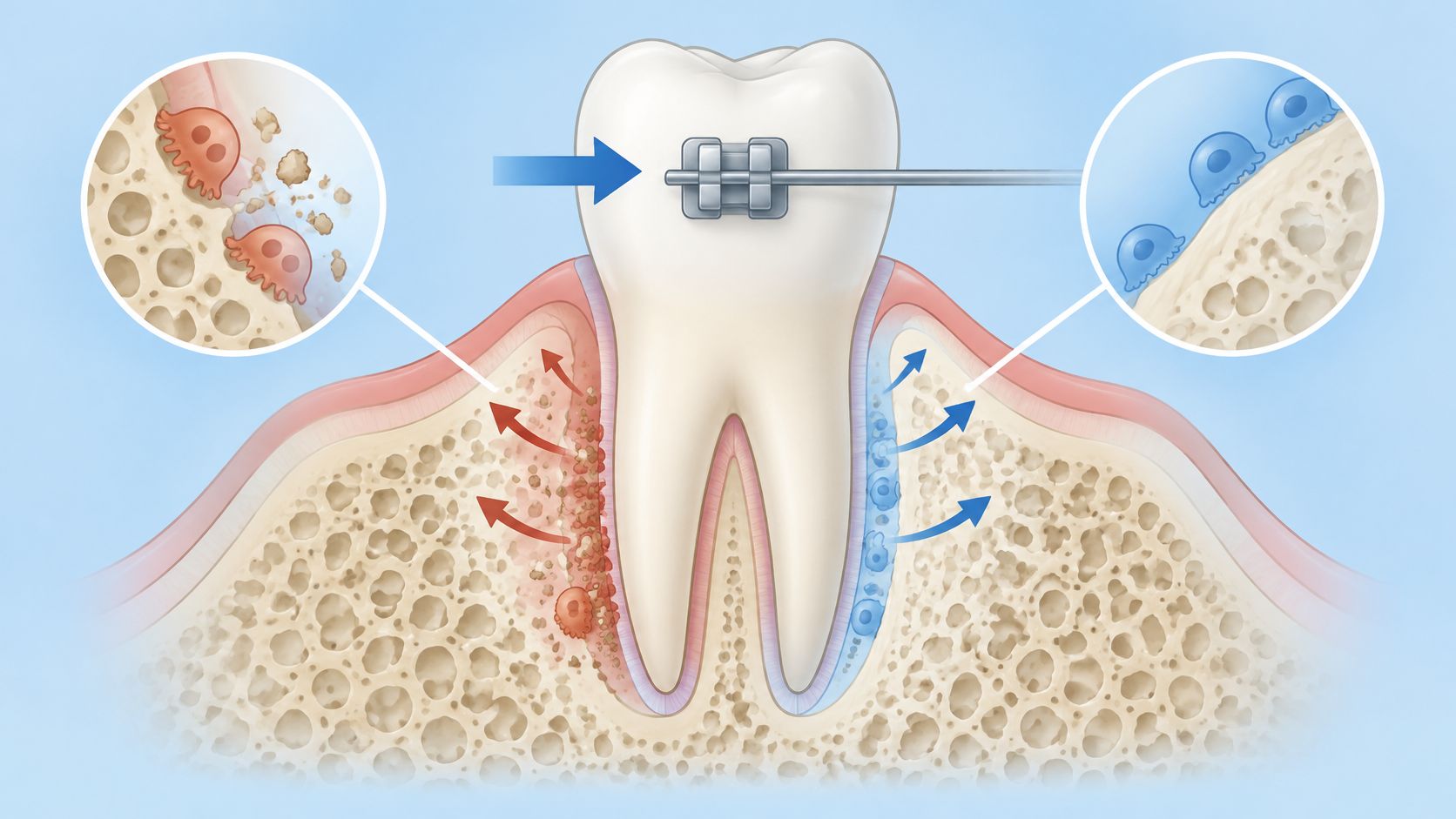 A diagram illustrating tooth movement during orthodontic treatment with braces showing bone resorption and bone formation processes.