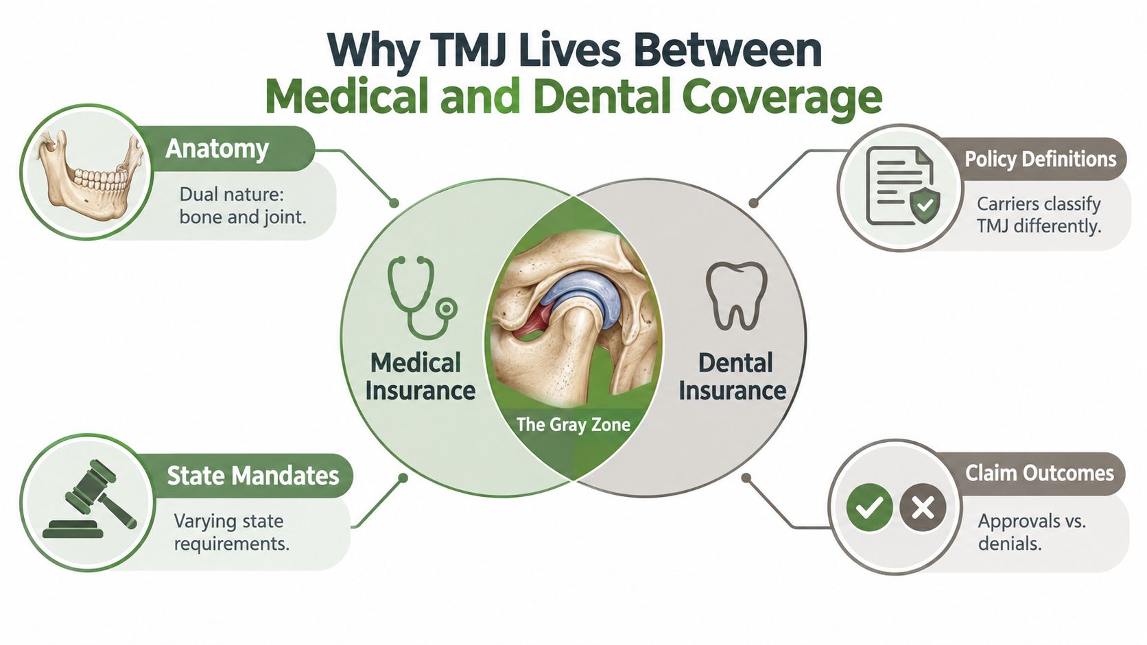 A diagram illustrating why TMJ disorder treatments fall between medical and dental insurance coverage.