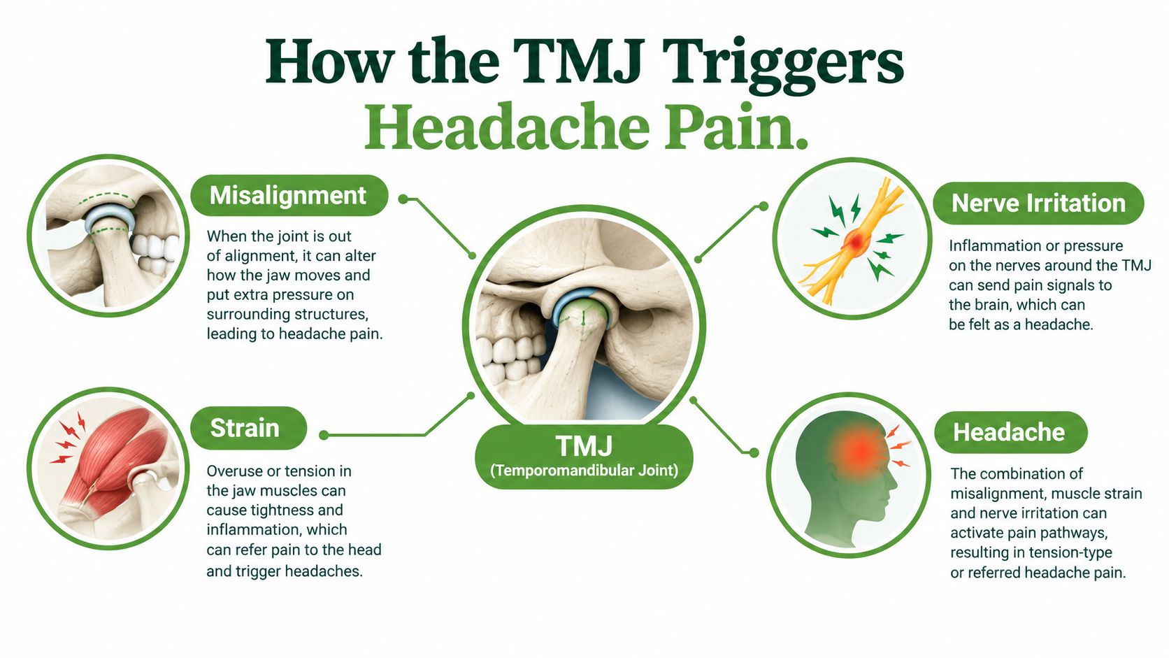 A diagram illustrating how TMJ misalignment, muscle strain, and nerve irritation can lead to tension-type headaches.