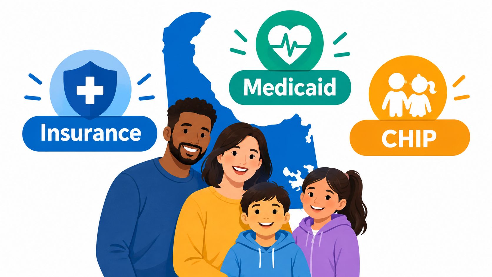 A diverse family standing in front of icons for insurance, Medicaid, and CHIP health coverage programs.