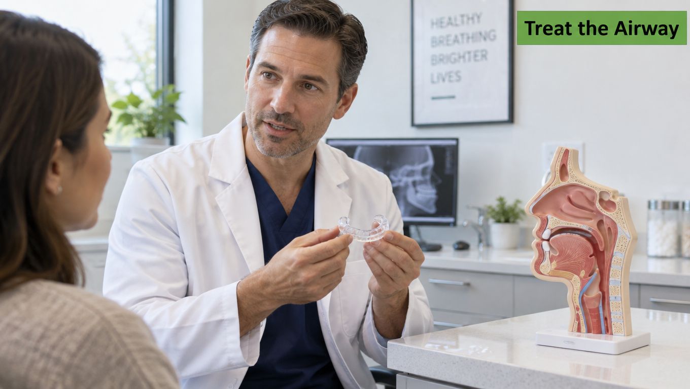 A dentist explaining an oral sleep appliance to a patient in a professional medical office setting.
