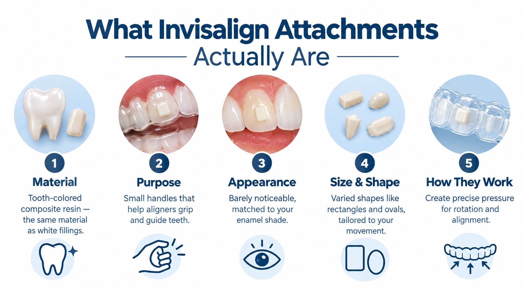 An infographic showing five key facts about Invisalign attachments, including their material, purpose, appearance, shape, and function.
