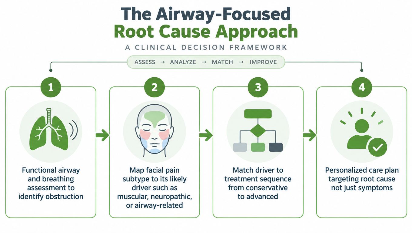 A diagram outlining the four steps of an airway-focused root cause approach for clinical decision making.