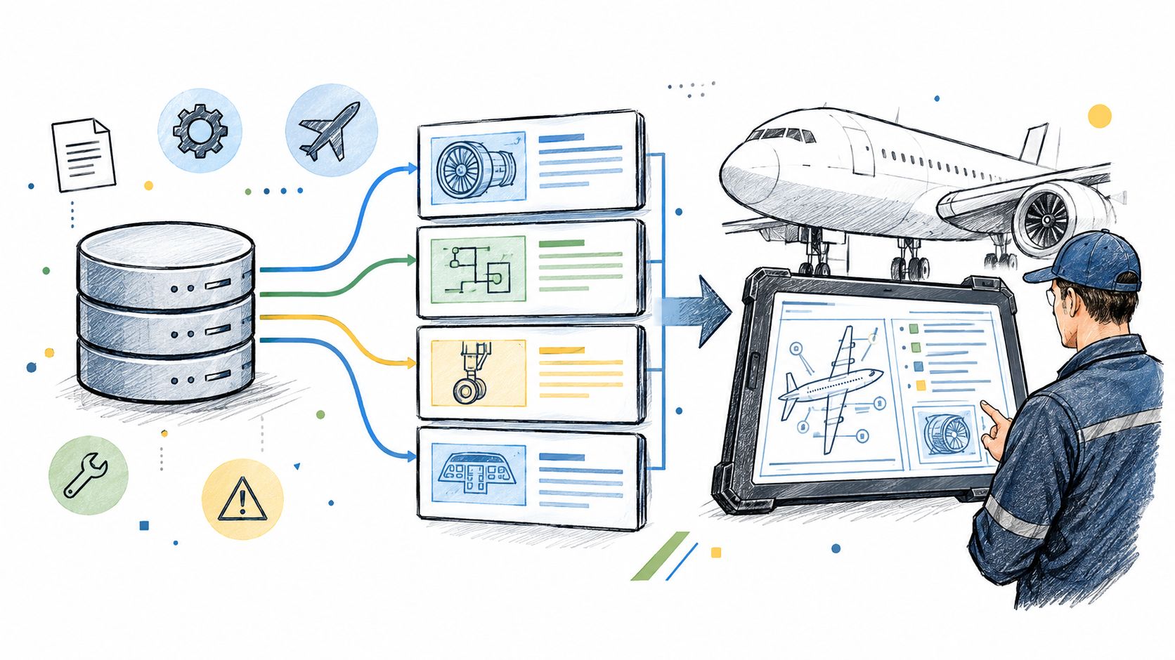 A technician views interactive aircraft maintenance data on a tablet connected to a centralized digital database system.