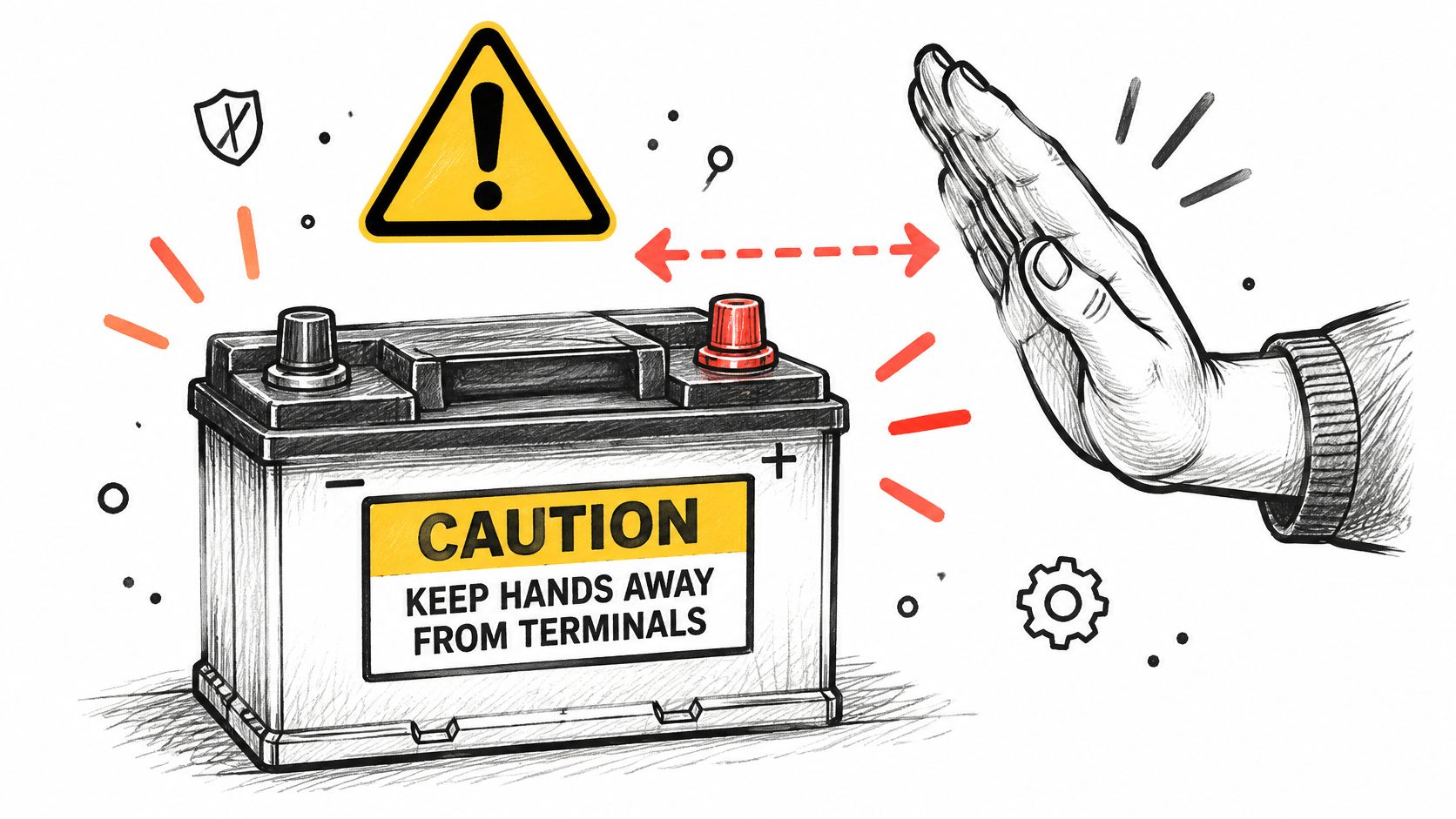 A black and white sketch of a car battery with a yellow caution warning sign and a hand.