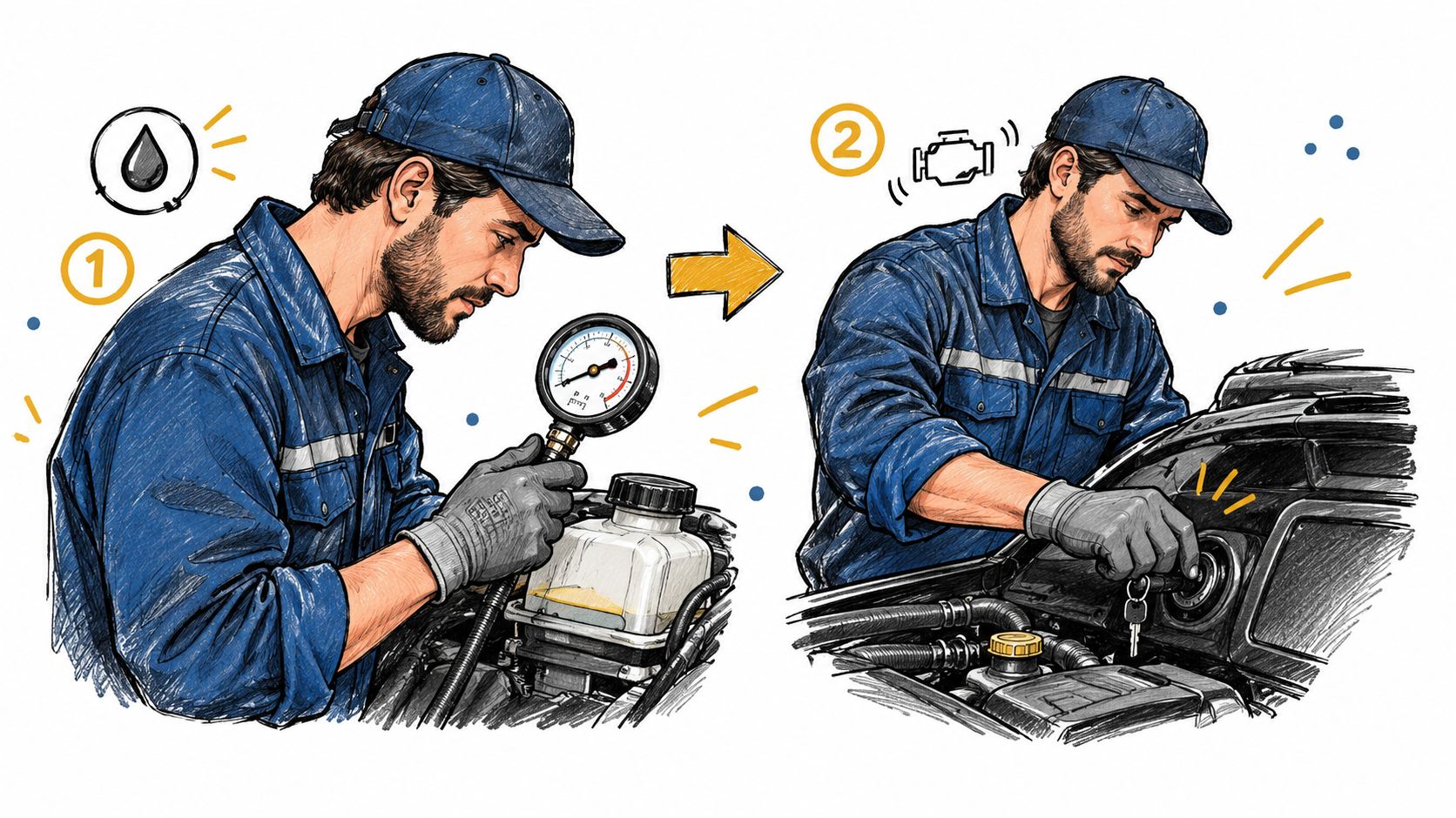 A professional mechanic performing engine diagnostics, testing oil pressure with a gauge and inspecting the car engine.