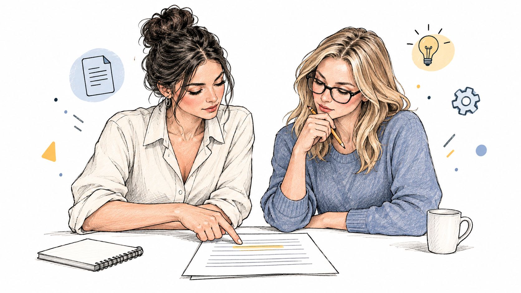 Two women collaborating on a document together at a desk while sharing ideas and taking notes.