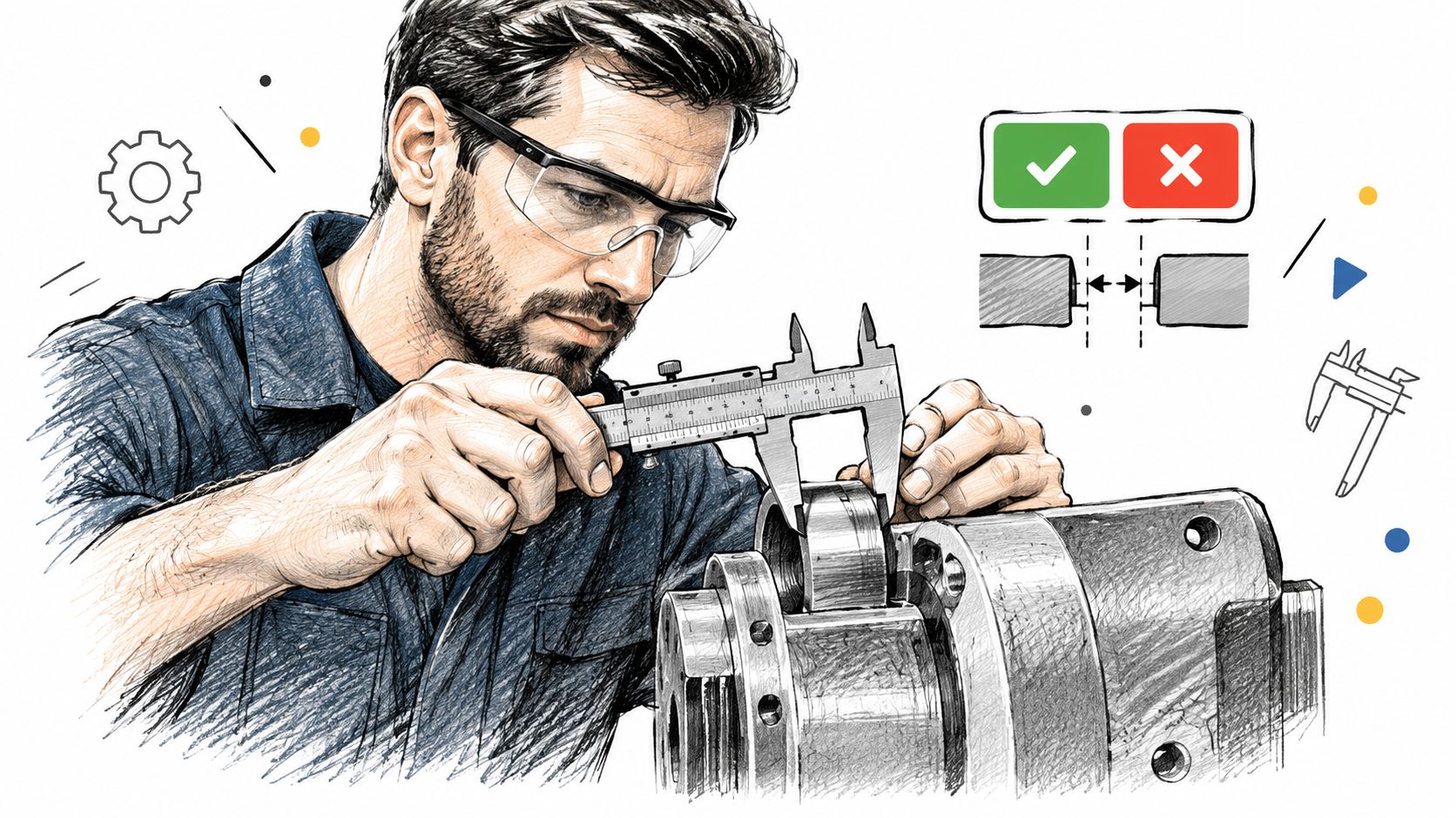 A professional technician using a vernier caliper to precisely measure a mechanical component in a workshop setting.