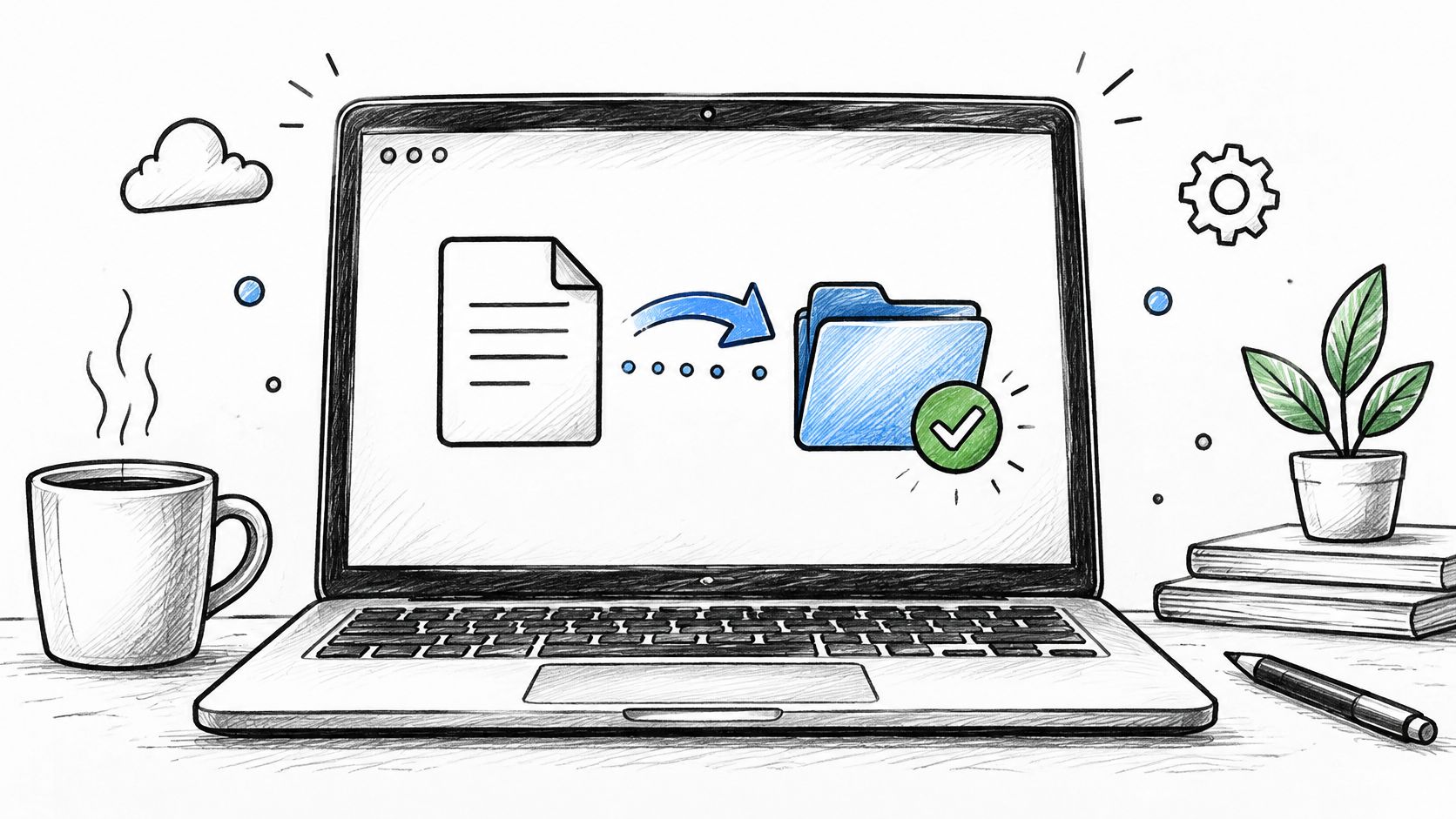 A hand-drawn illustration of a laptop on a desk, showing a file being successfully moved into a folder.
