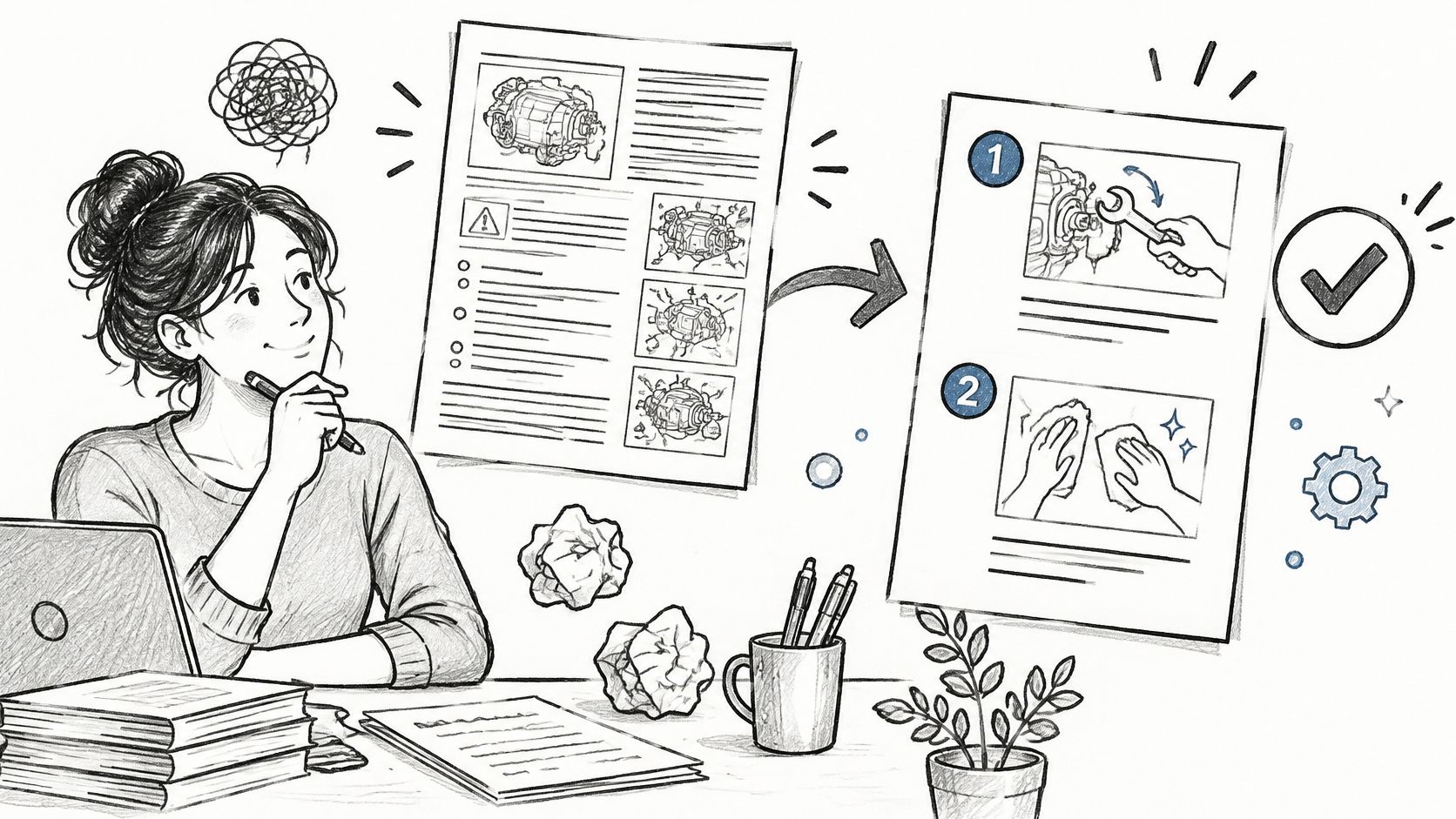 A woman at her desk transforms complex technical documentation into a simple, clear, two-step instructional guide.