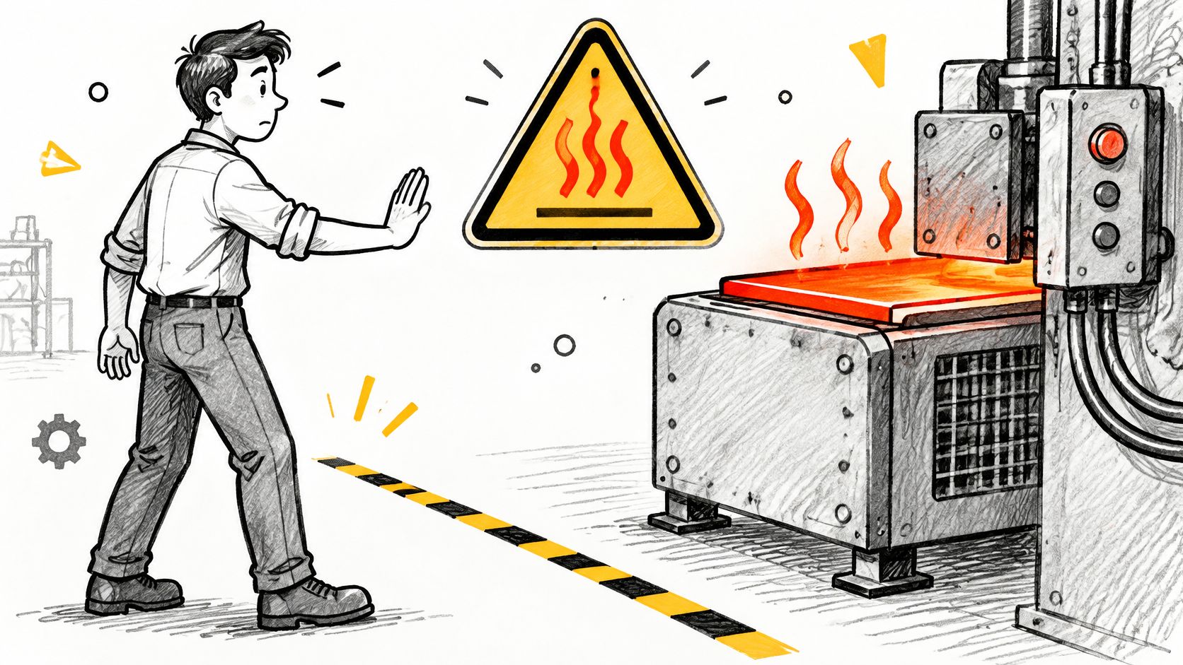 A safety illustration showing a worker stopping before a designated yellow hazard zone near hot machinery.
