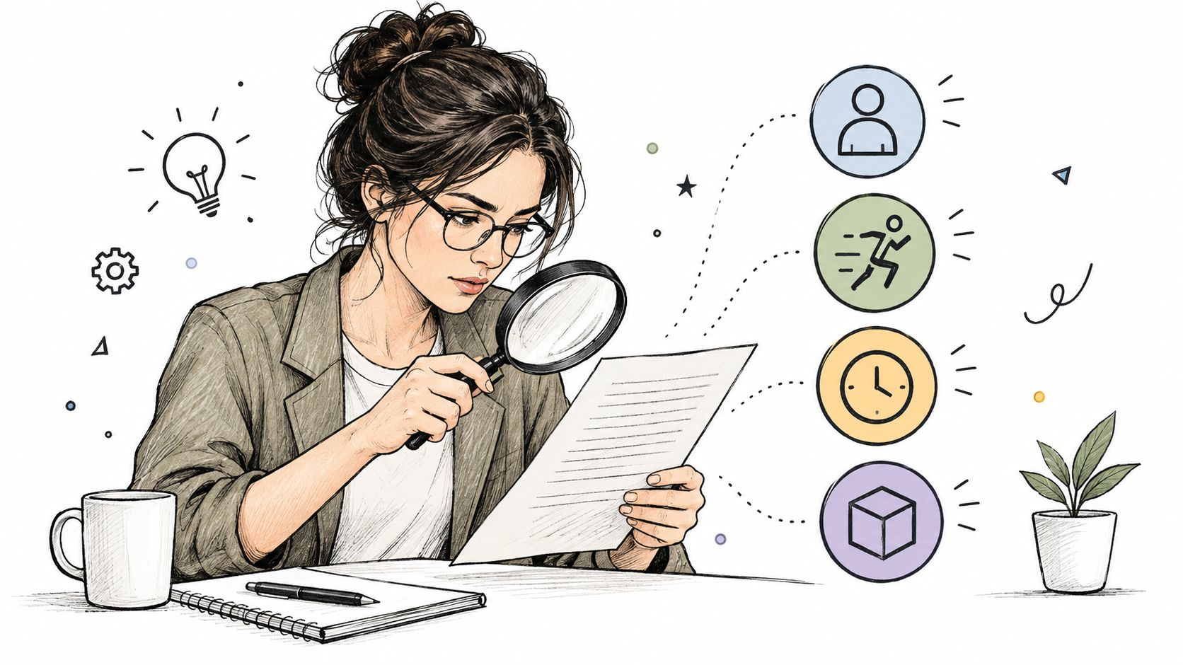 A professional woman uses a magnifying glass to review a document with business icons floating nearby.