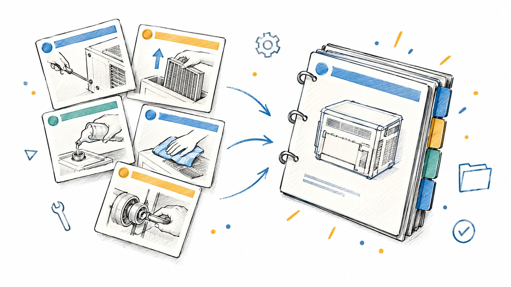 A diagram showing a collection of technical maintenance steps for an appliance leading to an instructional binder.