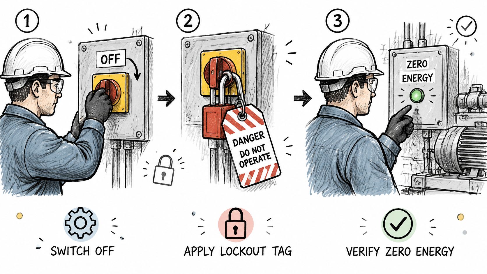 An illustration showing three steps for lockout tagout safety procedures to isolate industrial machinery energy sources.