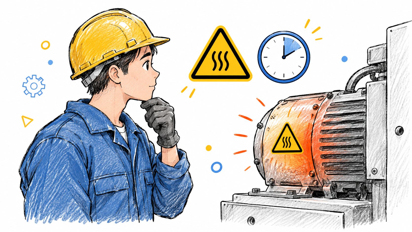 A professional engineer looks thoughtfully at a hot industrial motor while a cooling time symbol displays.