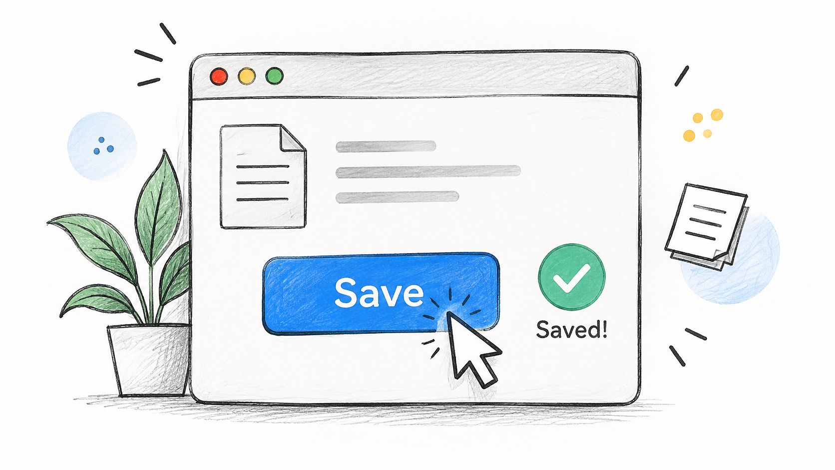 A hand-drawn illustration showing a browser window with a save button being clicked and a saved status.