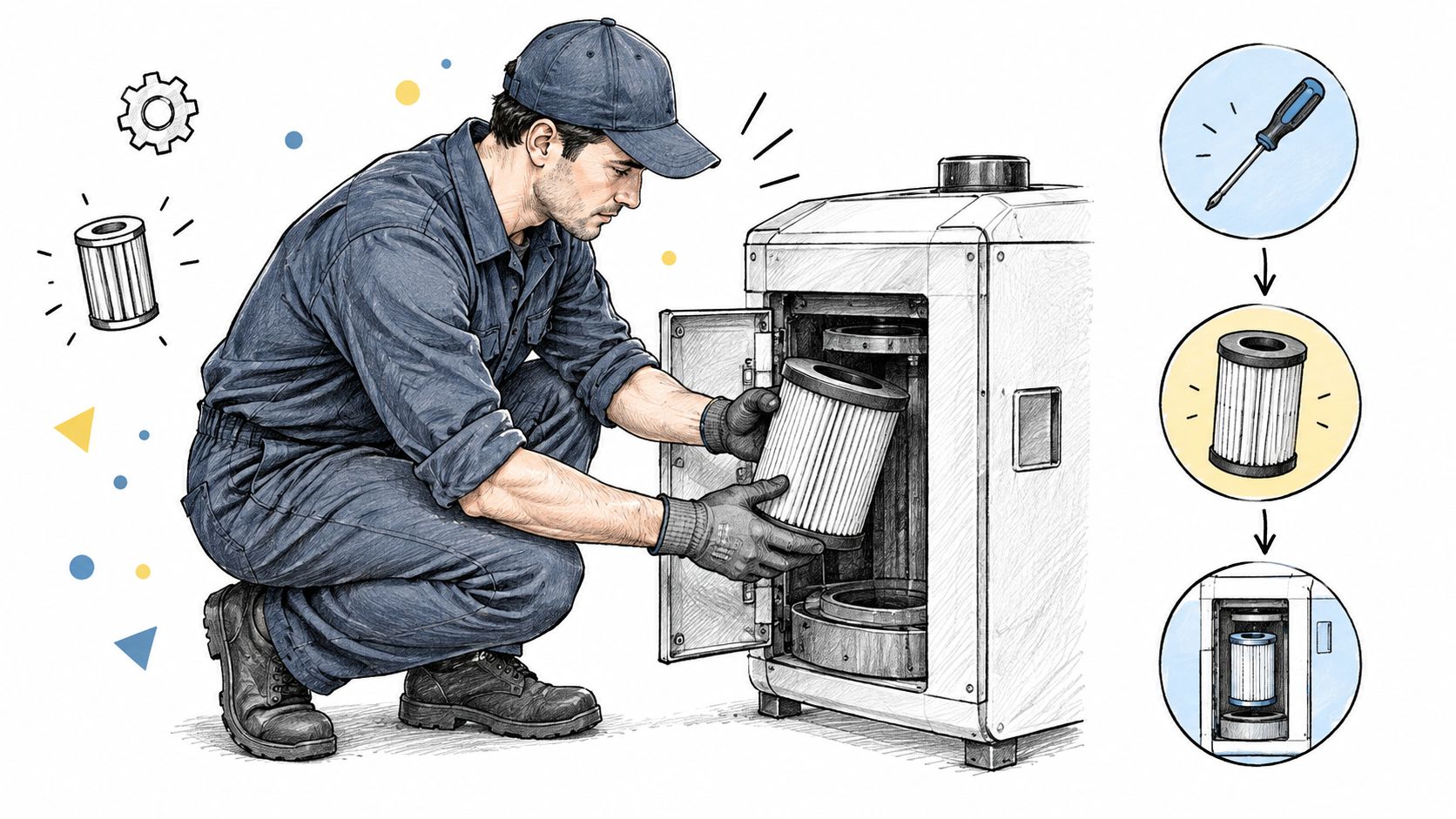 A technician wearing a uniform and work gloves replacing a cylindrical filter inside an industrial machinery unit.