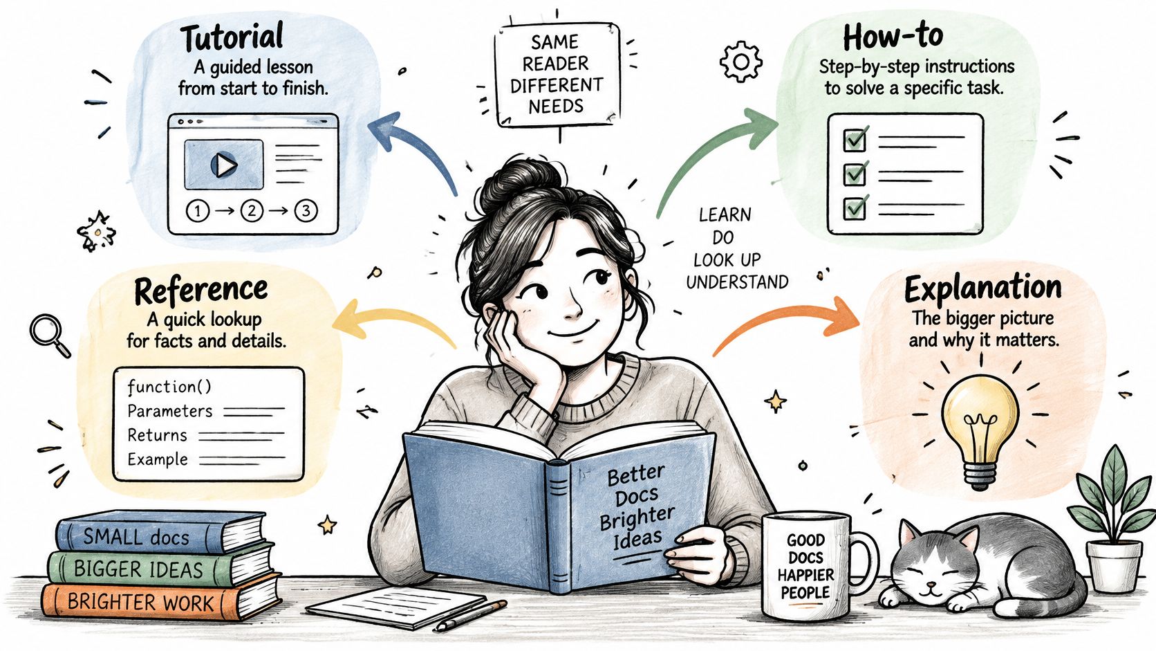 An illustration showing four categories of technical documentation: tutorials, how-to guides, reference material, and conceptual explanations.