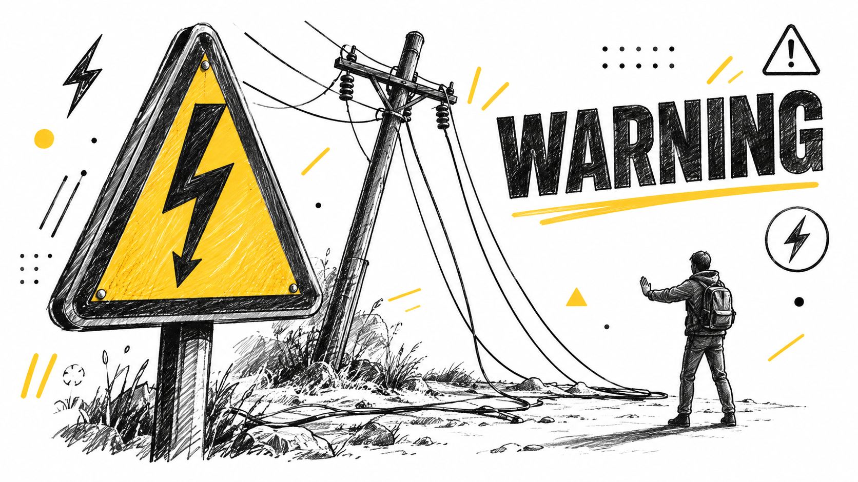 A warning sign with a lightning bolt symbol near a person looking at downed power lines.