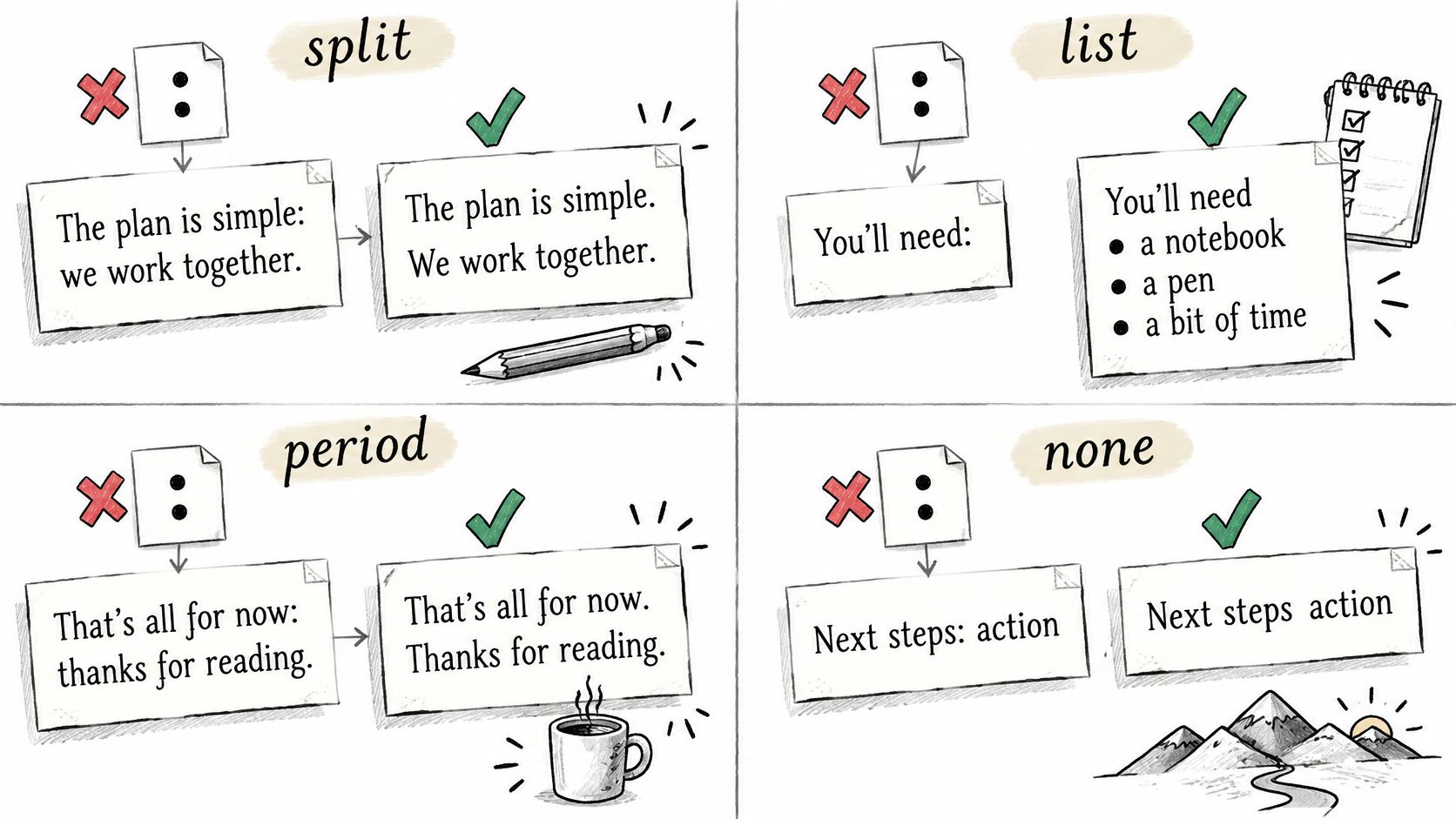 An infographic showing examples of how to correctly use or replace colons in various sentence structures.