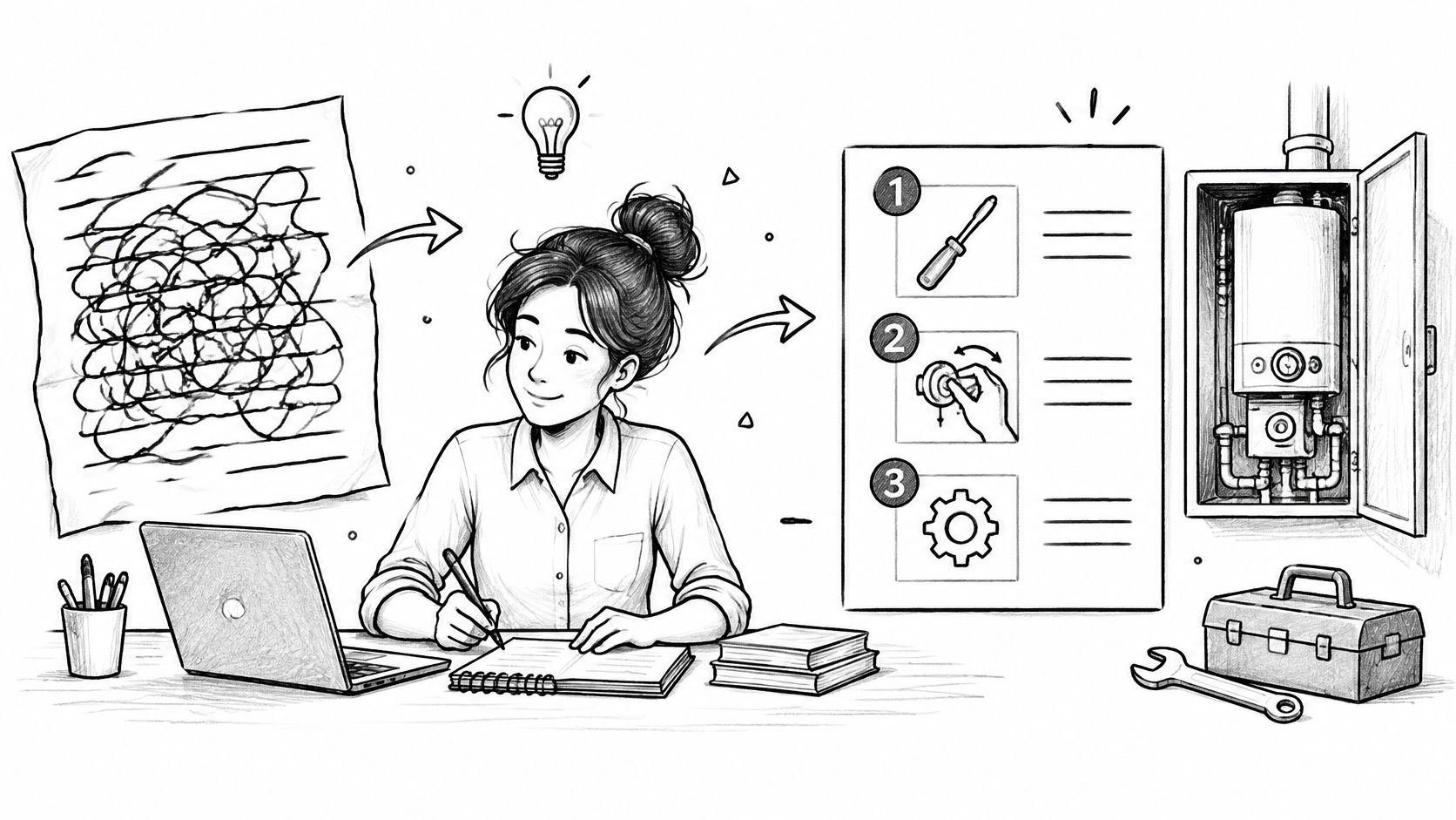 A woman sketching a process for boiler maintenance while working on a laptop at her desk.