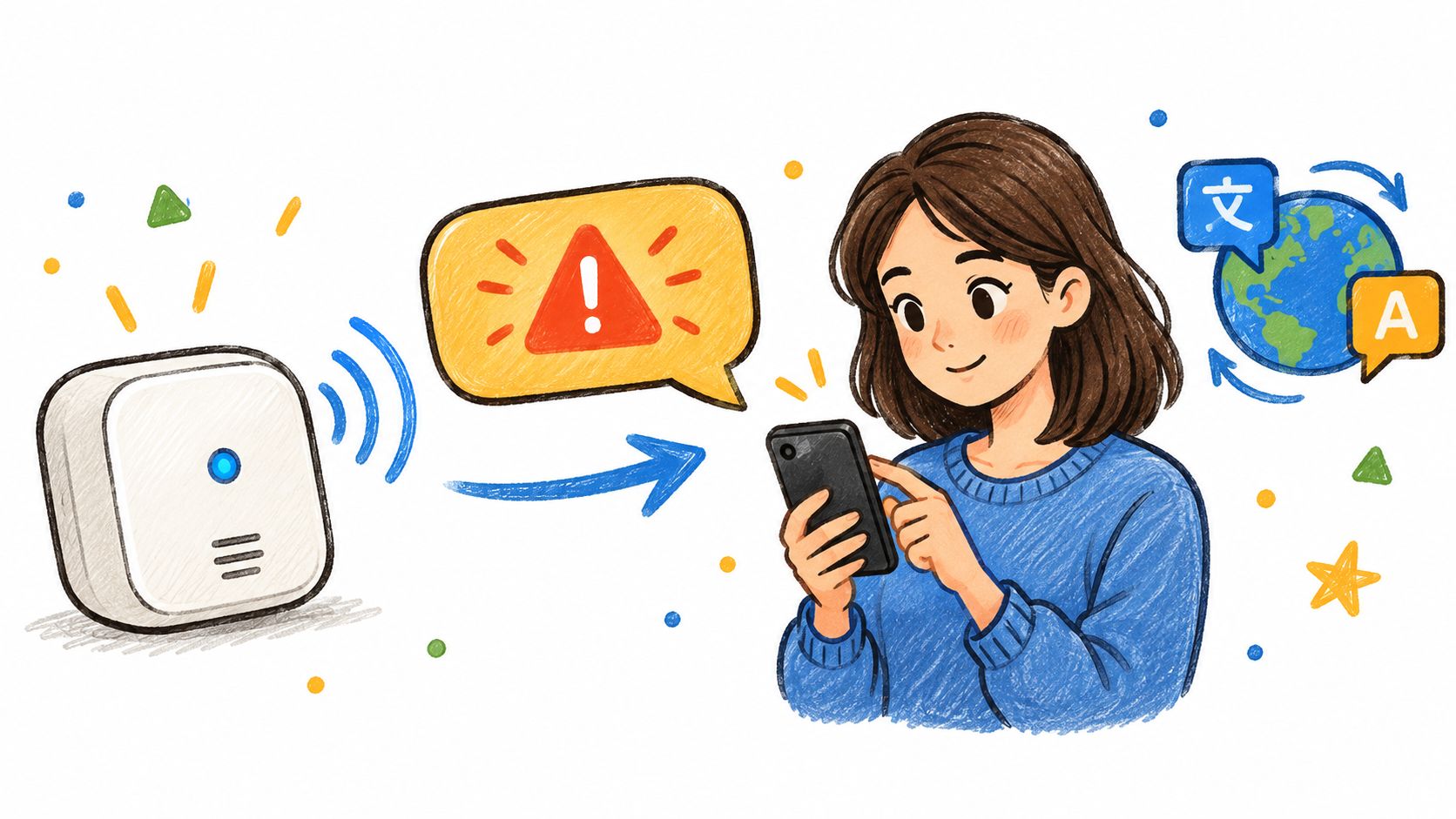 An illustrated woman checking a notification on her smartphone received from a wireless smart home device.