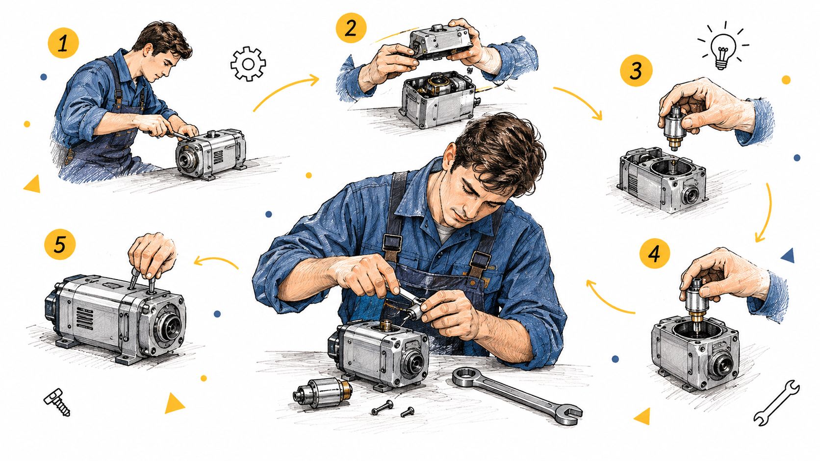 A five-step instructional illustration showing a technician performing maintenance on a mechanical pump assembly.