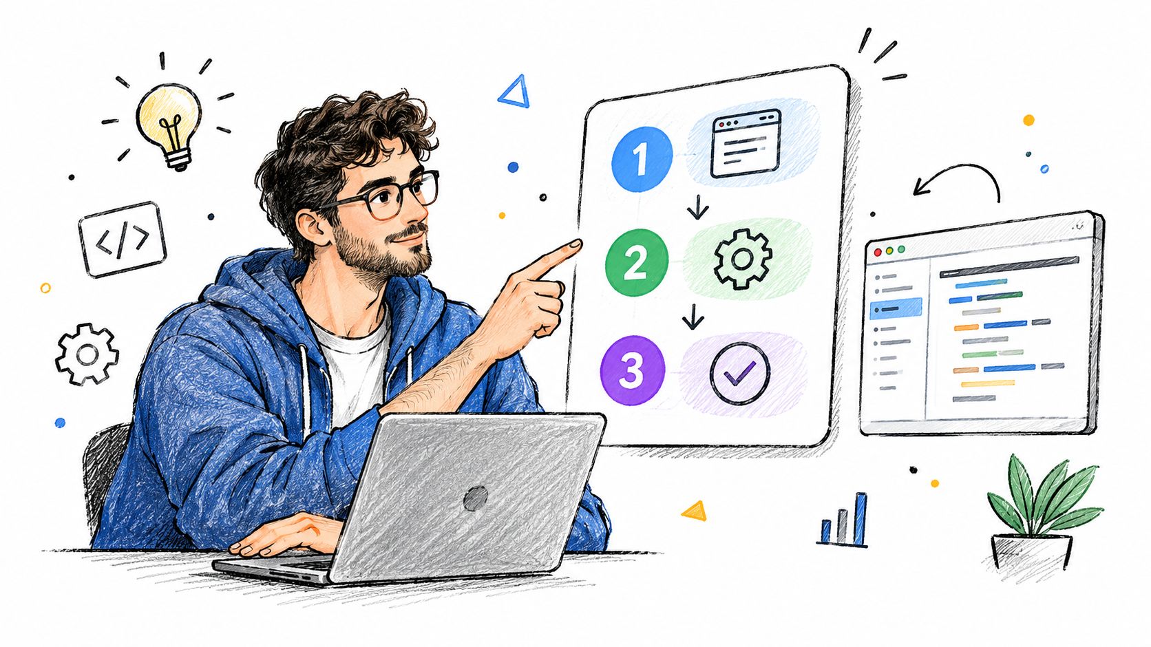 A young man sitting at a laptop pointing at a digital workflow diagram showing three steps.