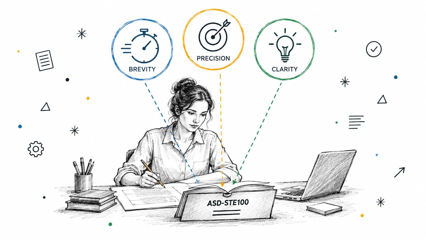A woman writing at a desk with conceptual icons illustrating brevity, precision, and clarity in writing.