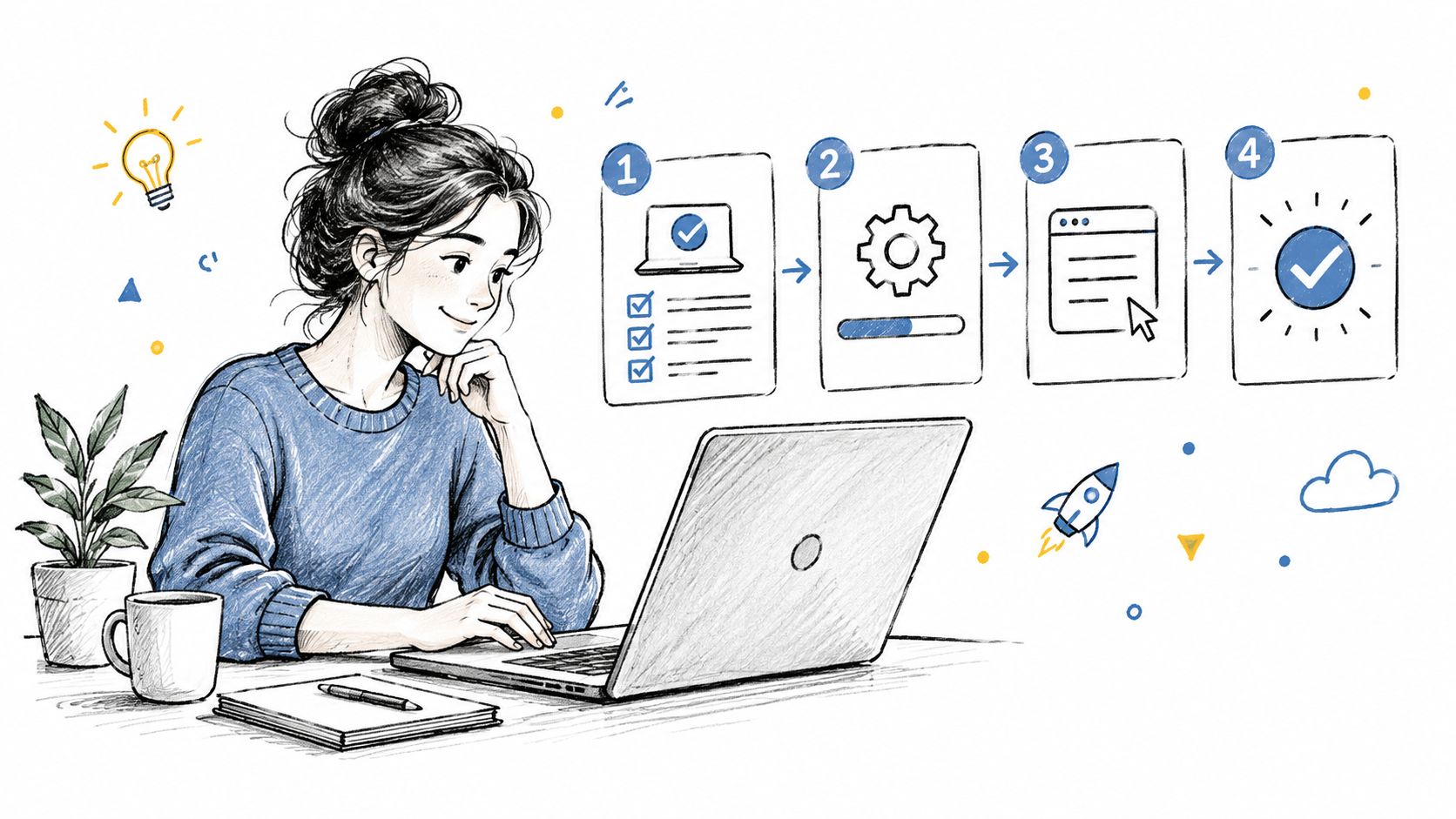 A woman working on a laptop with a four-step process visualization showing planning and successful completion.