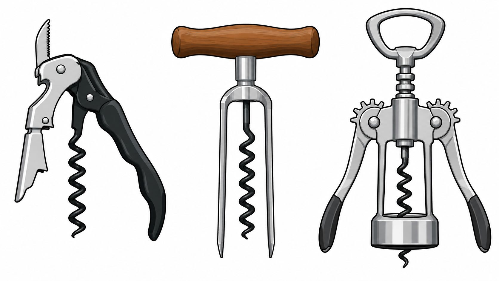 Three different types of wine openers, including a waiter's corkscrew, a T-handle corkscrew, and a winged corkscrew.