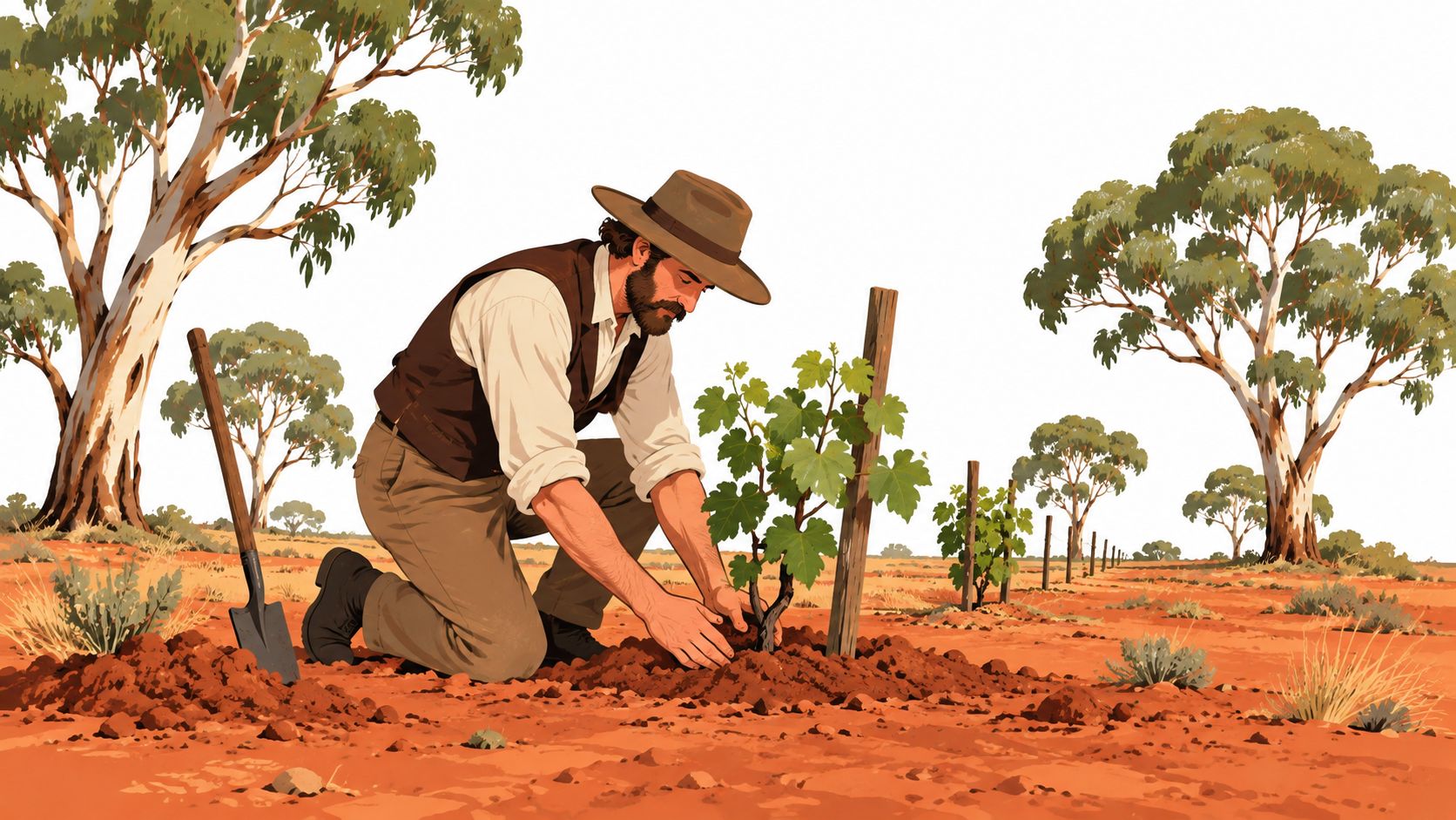A farmer in a hat planting a young grapevine in the dry red soil of Australia.