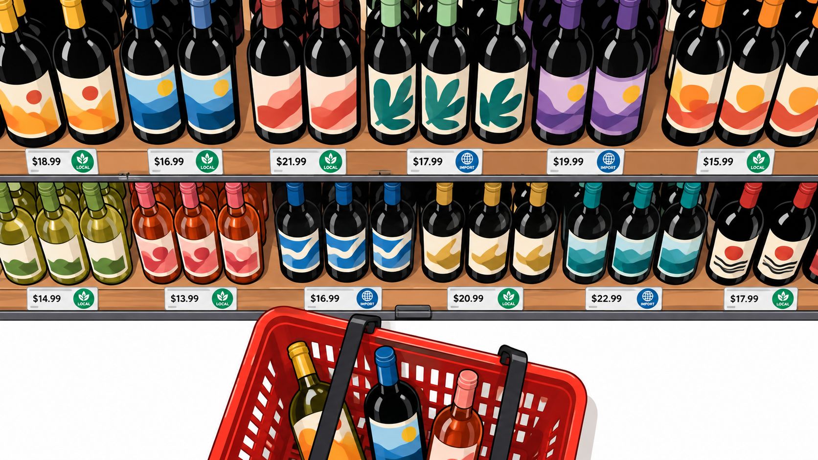 A red shopping basket containing wine bottles positioned in front of store shelves filled with wine bottles.