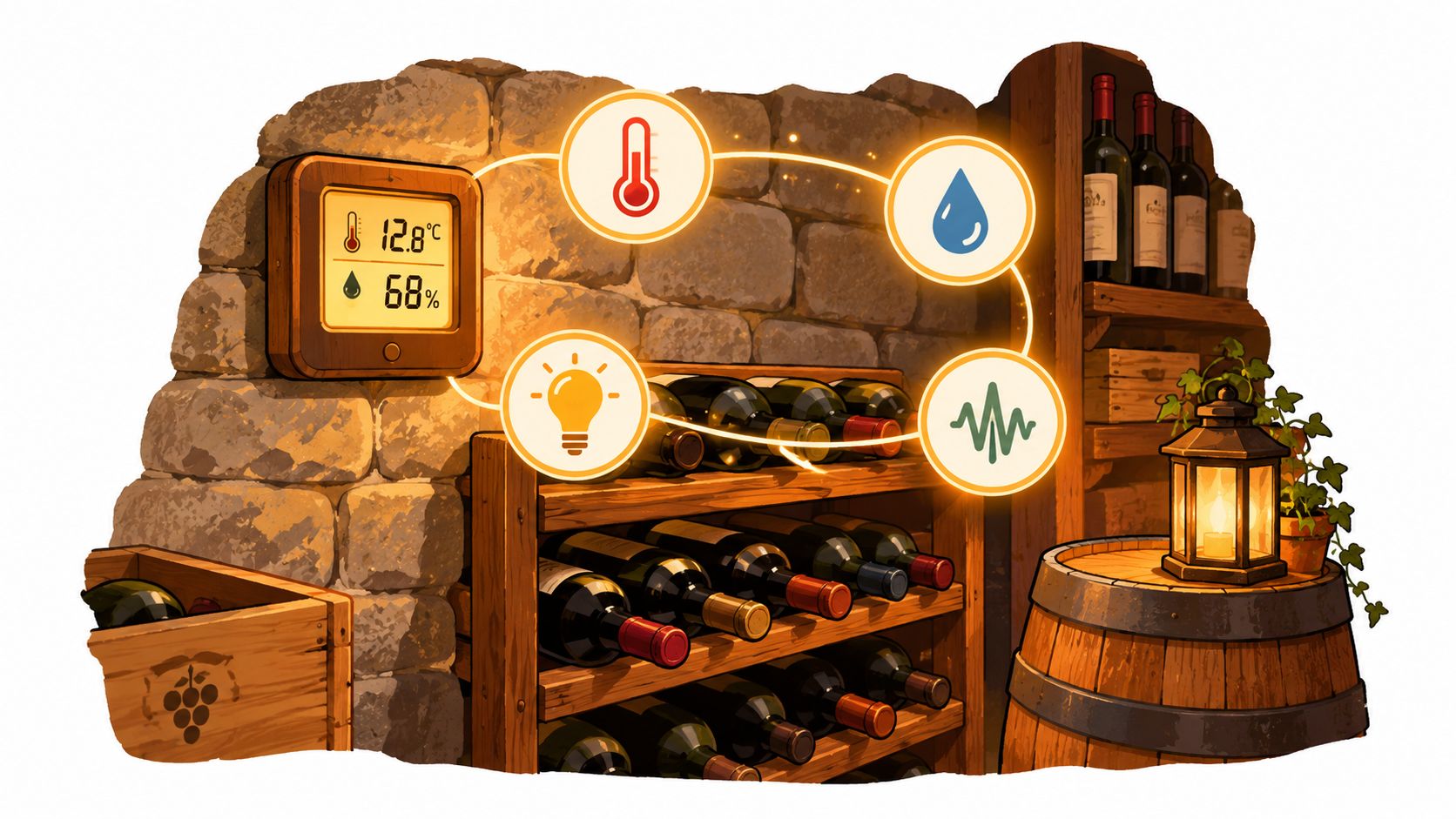 A digital thermometer display inside a stone wine cellar monitoring humidity, lighting, temperature, and environment conditions.
