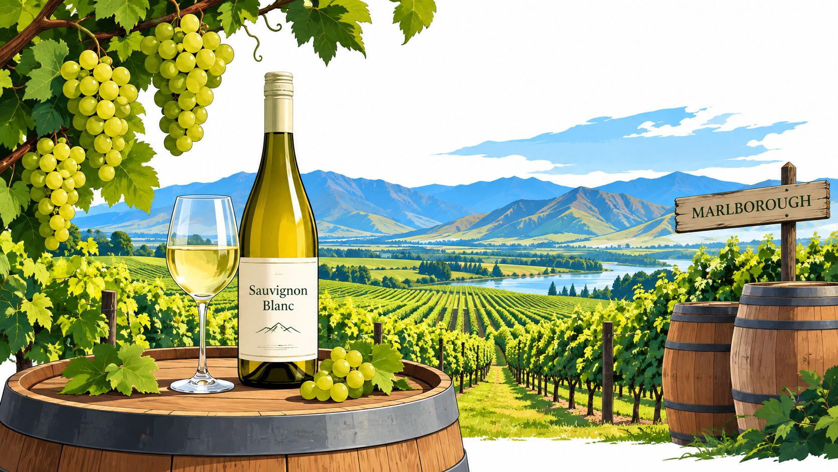 A glass of Sauvignon Blanc next to a wine bottle on a barrel in a vineyard.