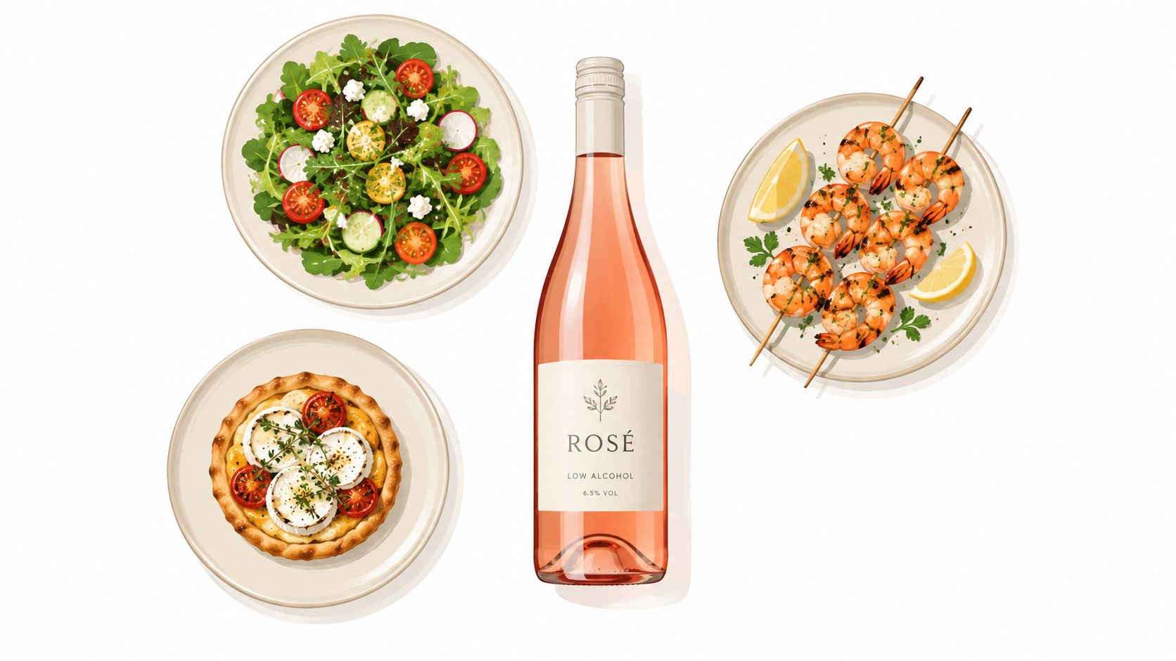 A flat lay of a low alcohol rose wine bottle surrounded by a fresh salad, goat cheese tart, and shrimp skewers.