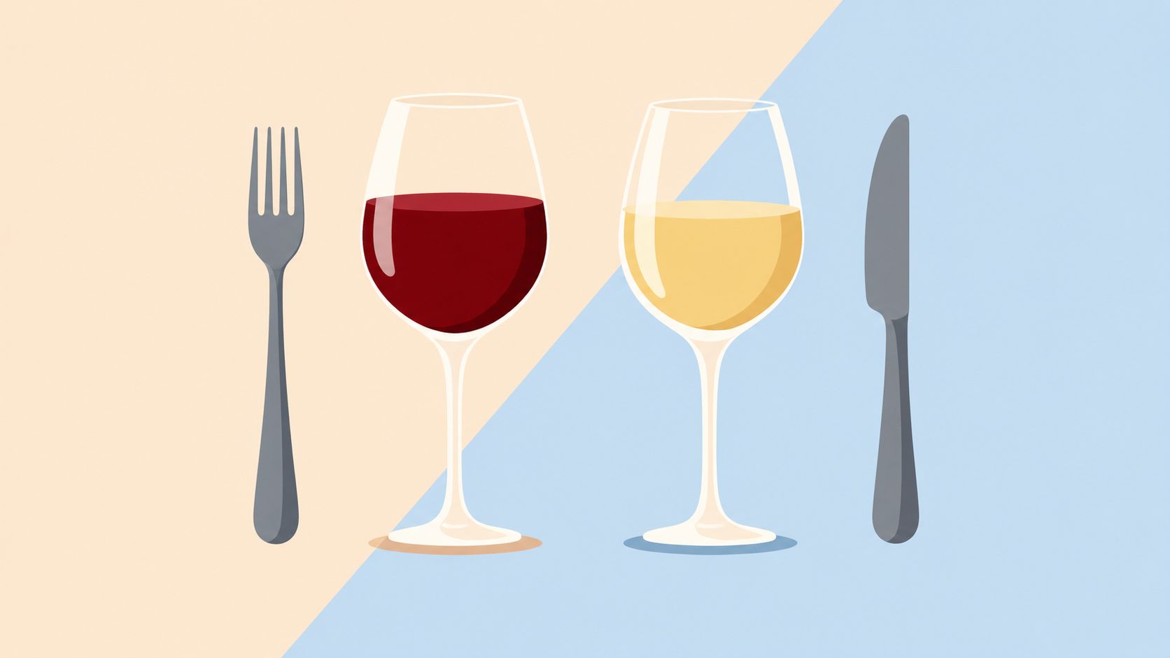 A fork and a knife flanking two glasses of red and white wine on a dual-colored background.