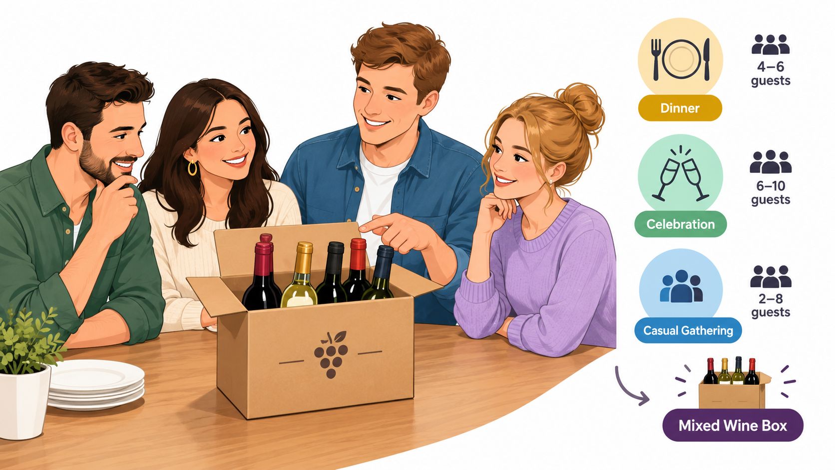 Four happy friends gather around a table with a mixed wine box, choosing drinks for various occasions.