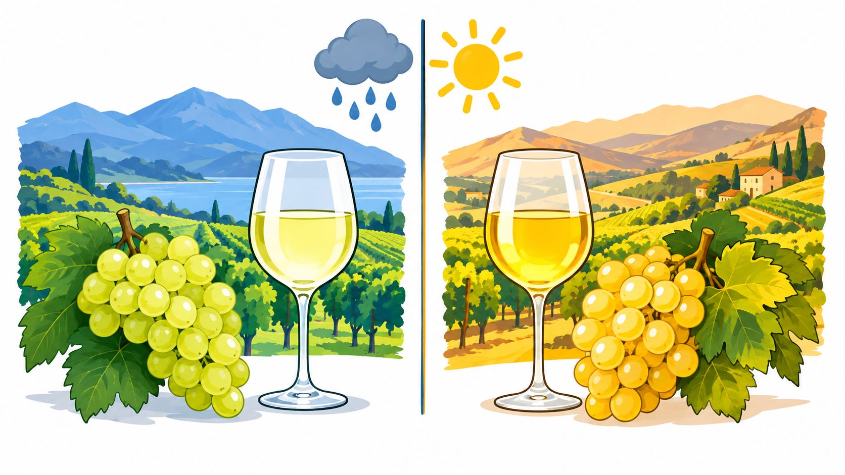 A split image showing white wine glasses and grapes in both rainy and sunny vineyard landscapes.