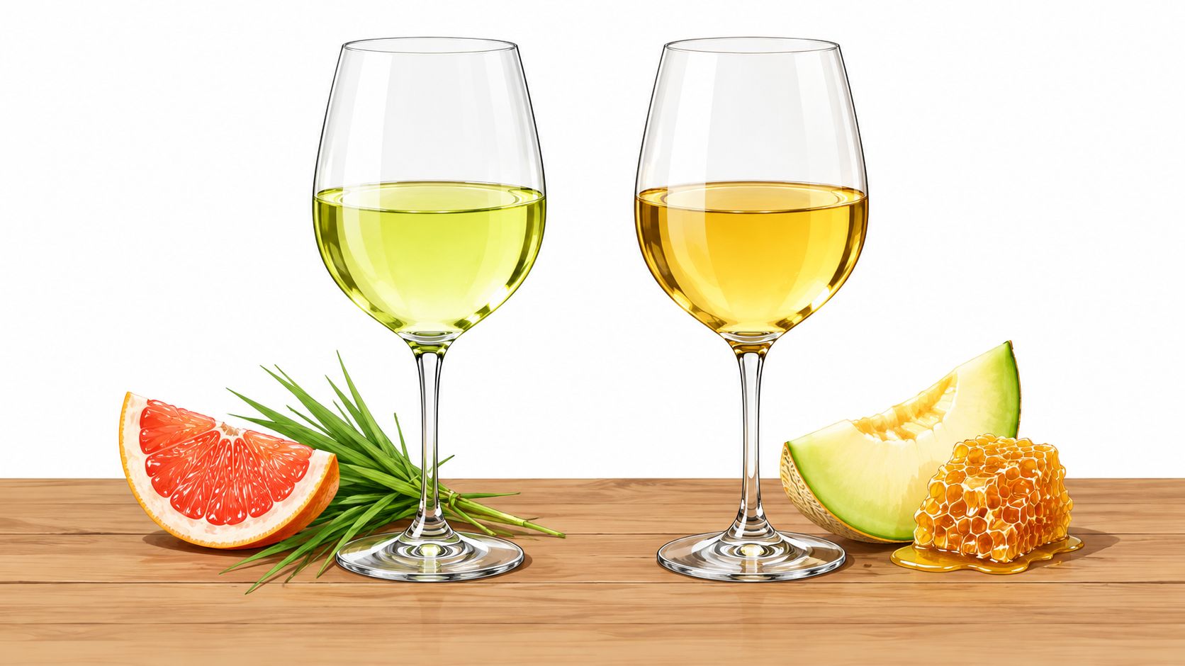 Two wine glasses filled with white wine, accompanied by fresh grapefruit and melon with honeycomb on wood.