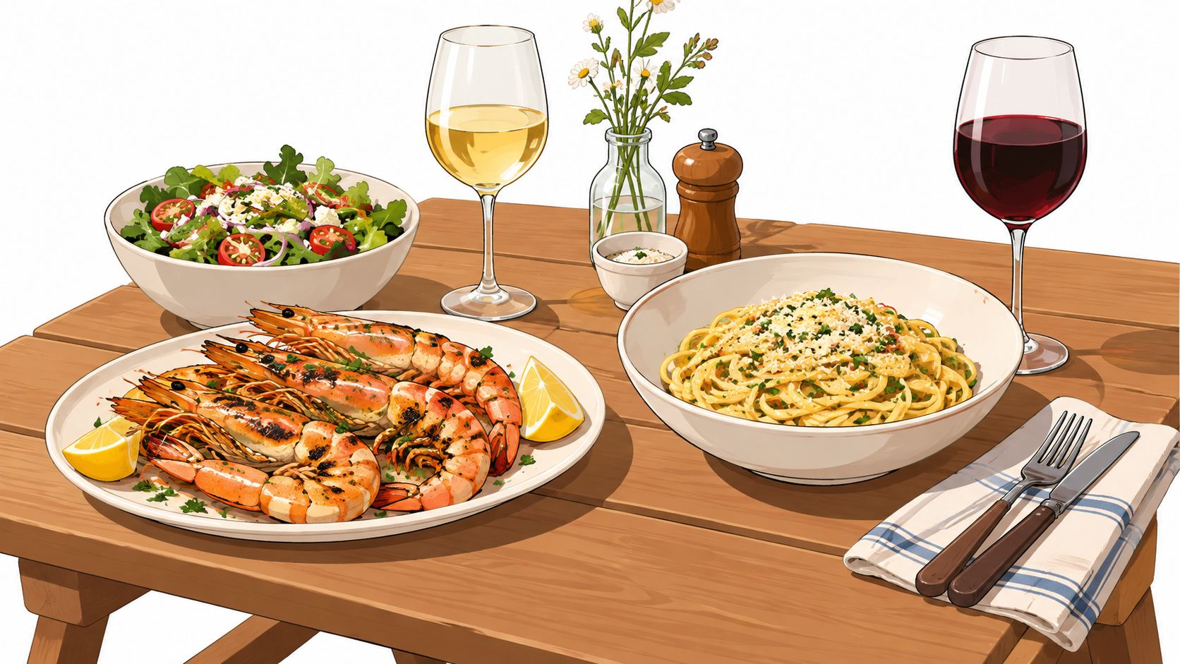 A rustic wooden dining table featuring grilled shrimp, fresh pasta, salad, and glasses of white and red wine.