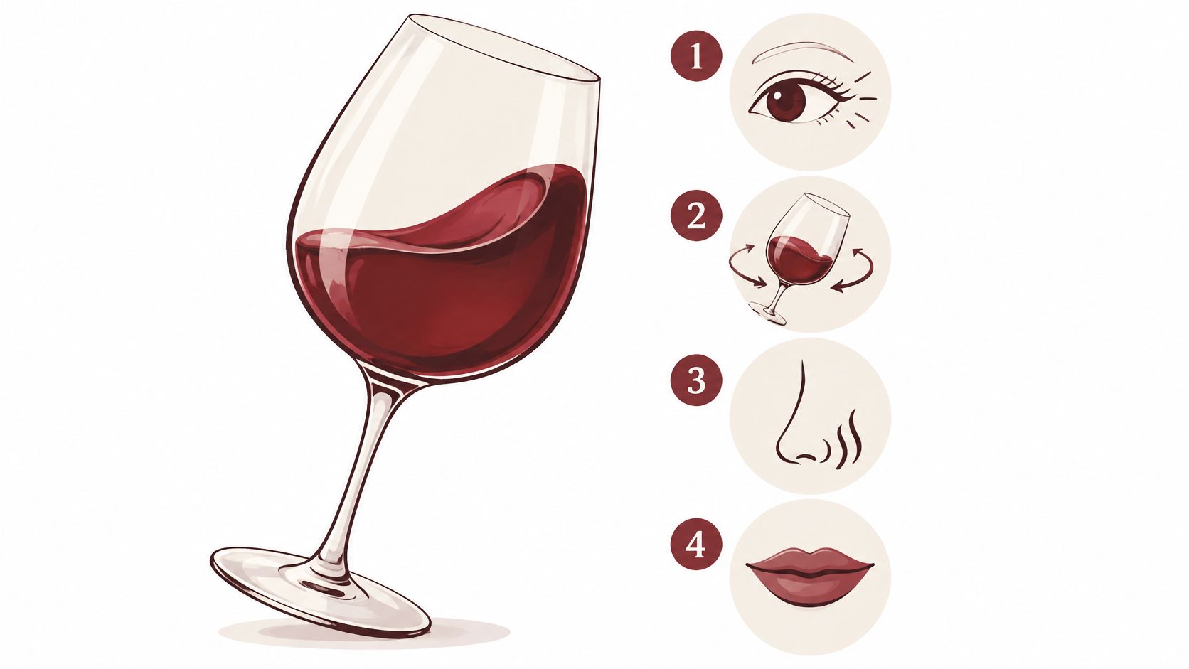 A digital illustration demonstrating the four steps of wine tasting: look, swirl, smell, and taste.