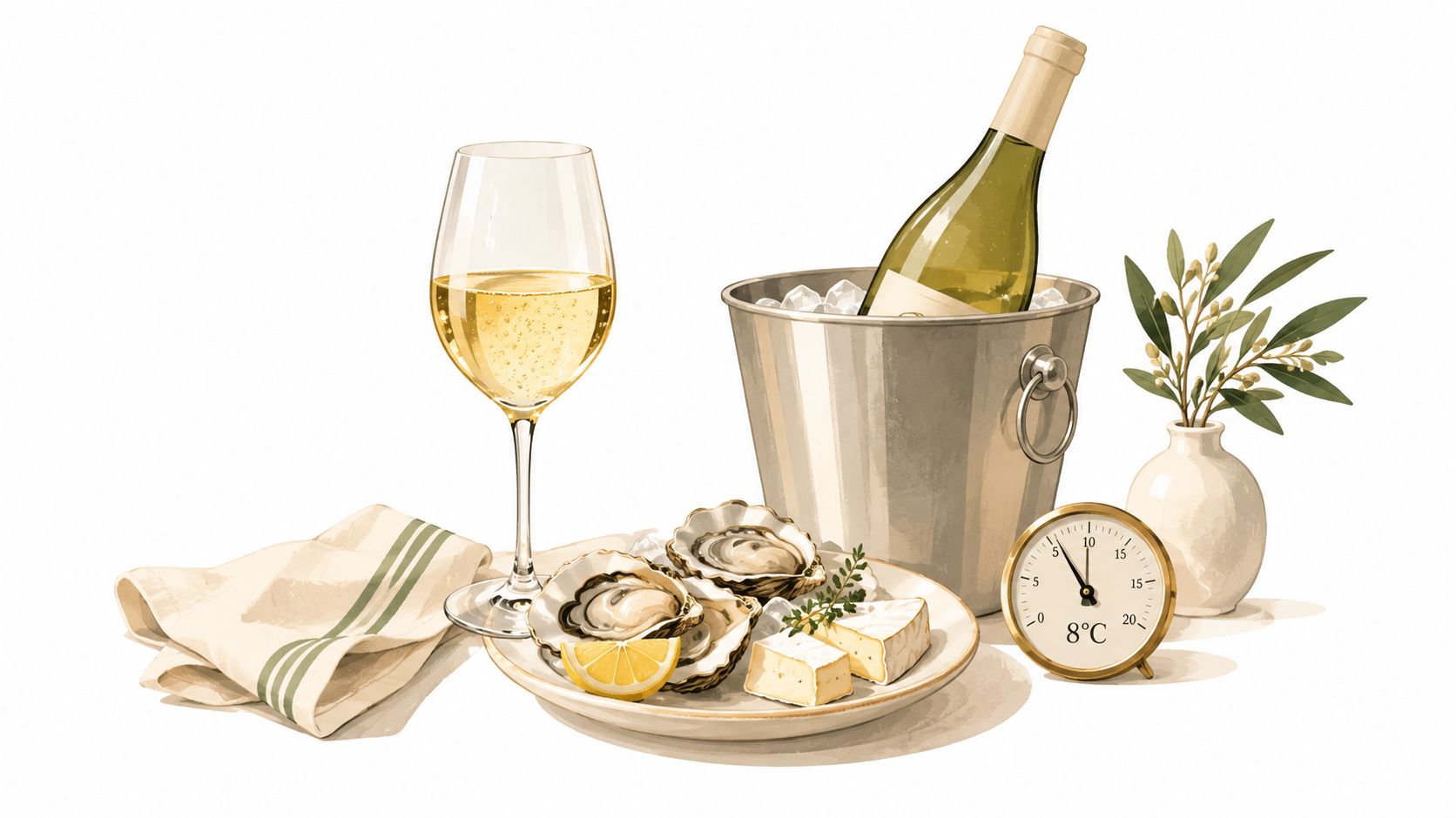 A chilled glass of sparkling wine next to fresh oysters, cheese, and a temperature gauge on white.