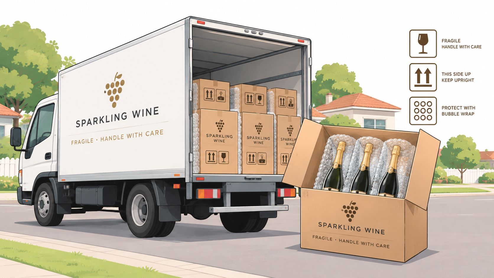 A delivery truck packed with boxes of sparkling wine near a house with an open box in foreground.