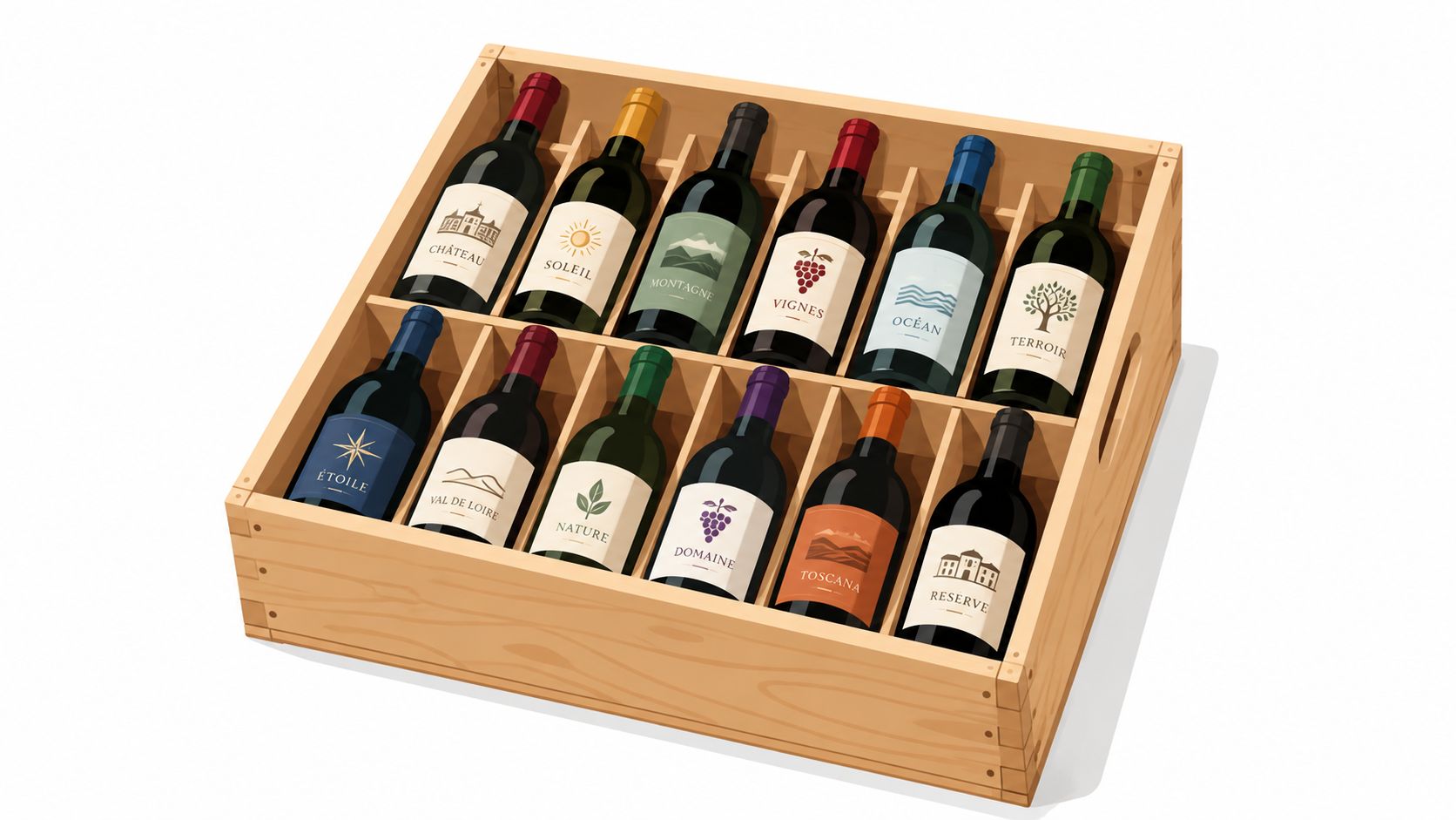 A wooden crate containing twelve bottles of wine, each featuring distinct, stylish minimalist labels with various illustrations.