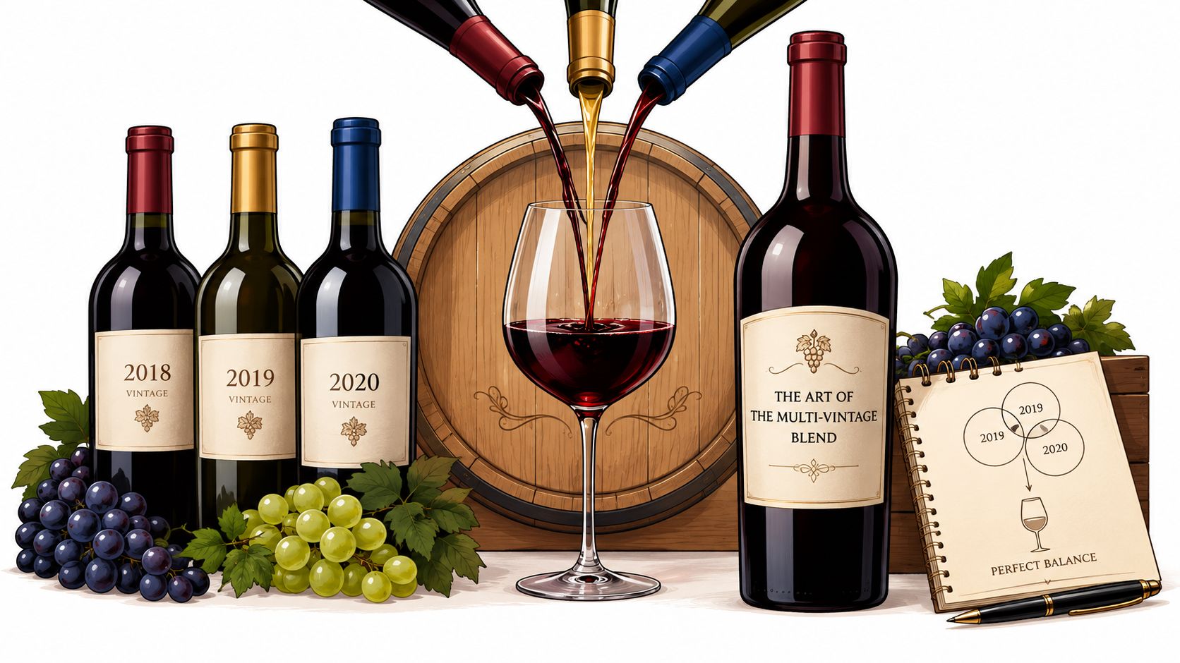 A sophisticated display featuring bottles labeled with different vintage years blending wine into a central glass.