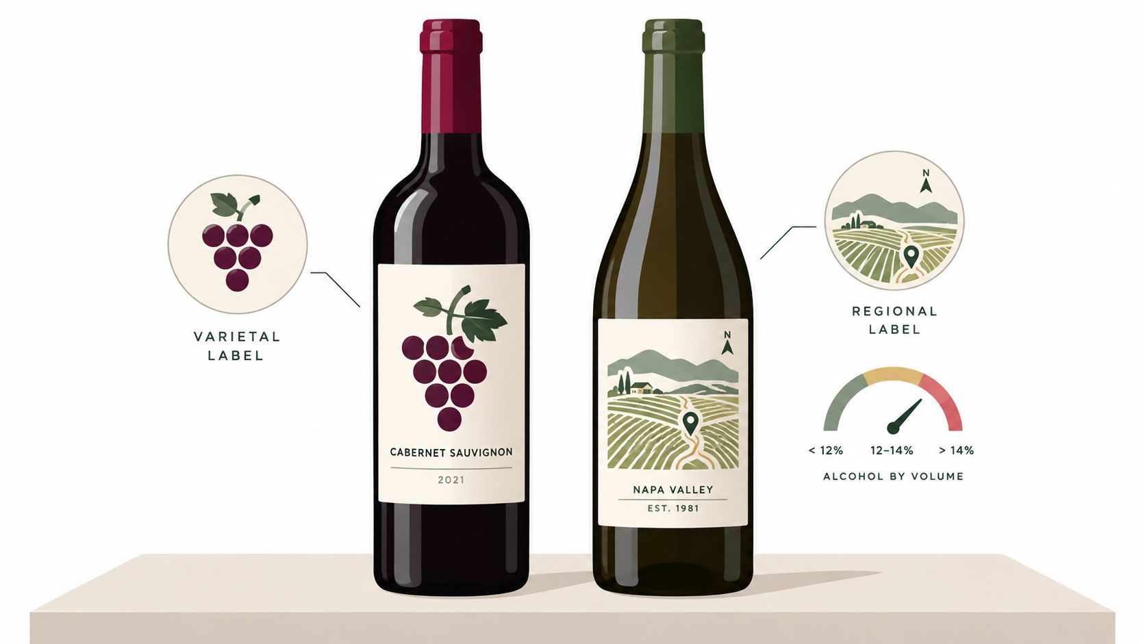 Two wine bottles on a surface, one labeled Cabernet Sauvignon and the other labeled Napa Valley.